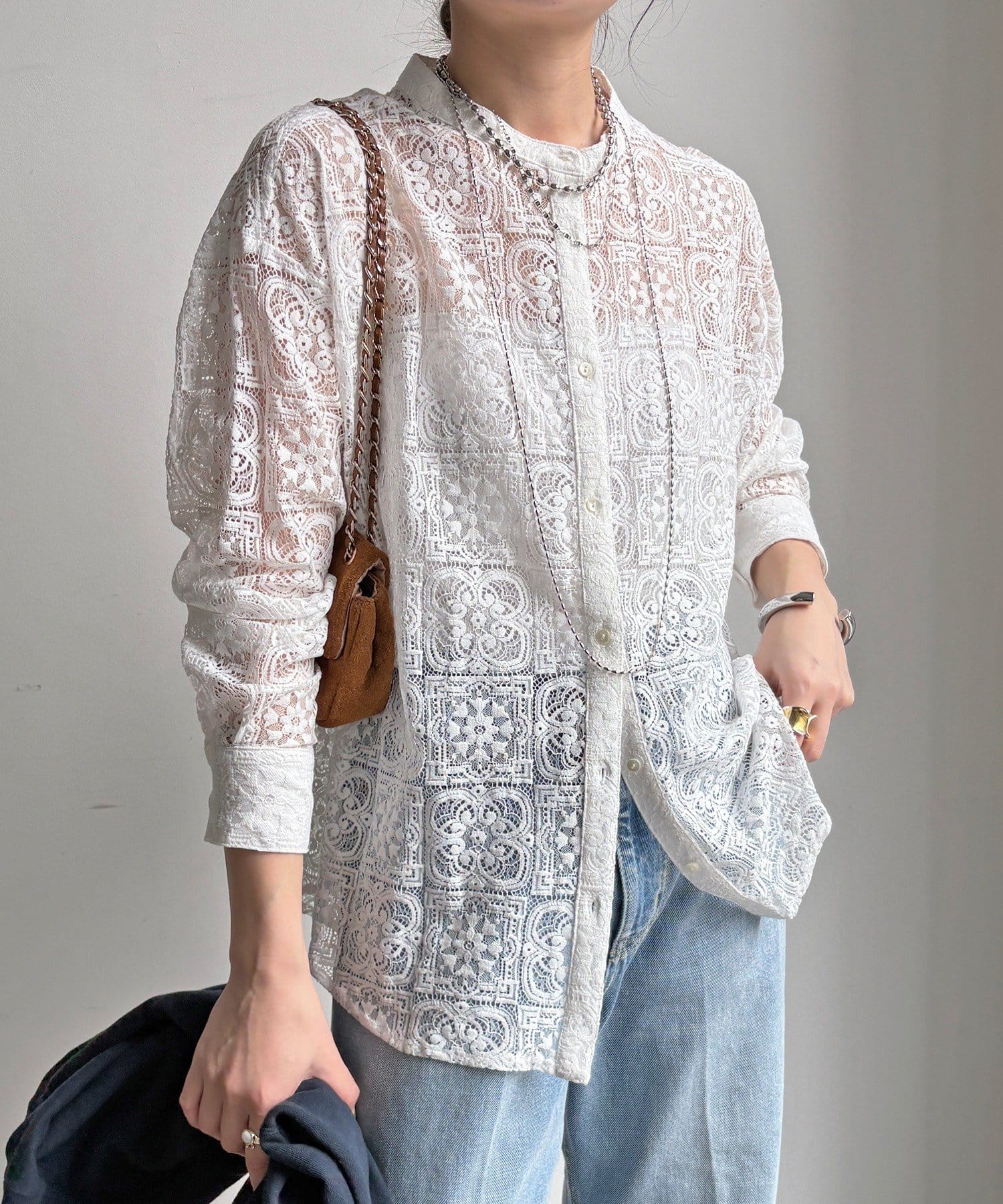 DOUDOU(ドゥドゥ) 【WEB限定】パネルレースバンドカラーシャツ