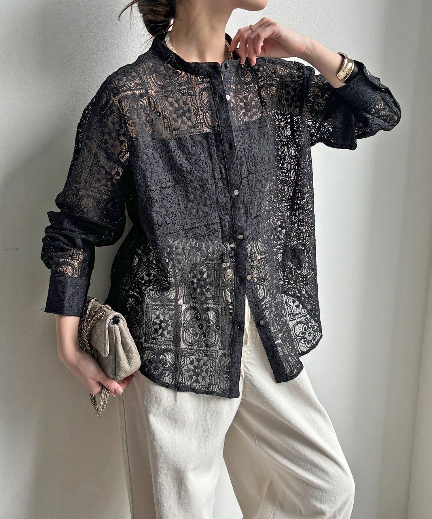 DOUDOU(ドゥドゥ) 【WEB限定】パネルレースバンドカラーシャツ