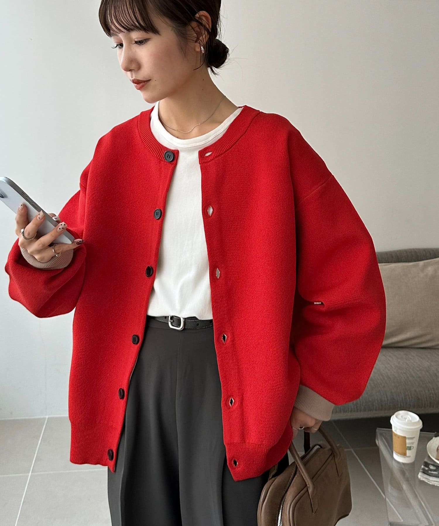 DISCOAT(ディスコート) 【ユニセックス】スウェットライク配色クルーカーディガン