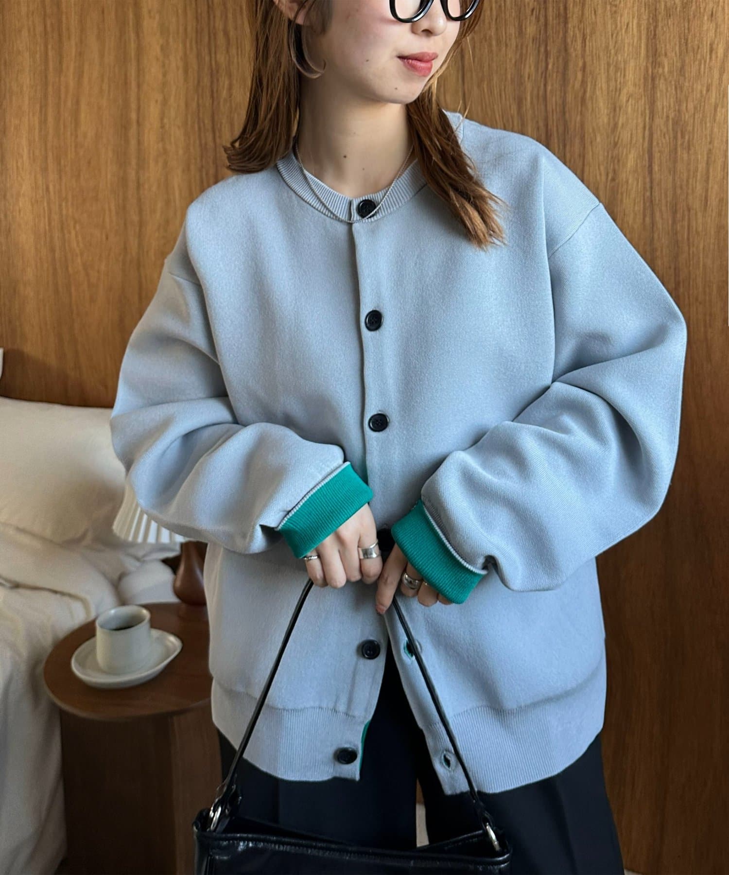 DISCOAT(ディスコート) 【ユニセックス】スウェットライク配色クルーカーディガン