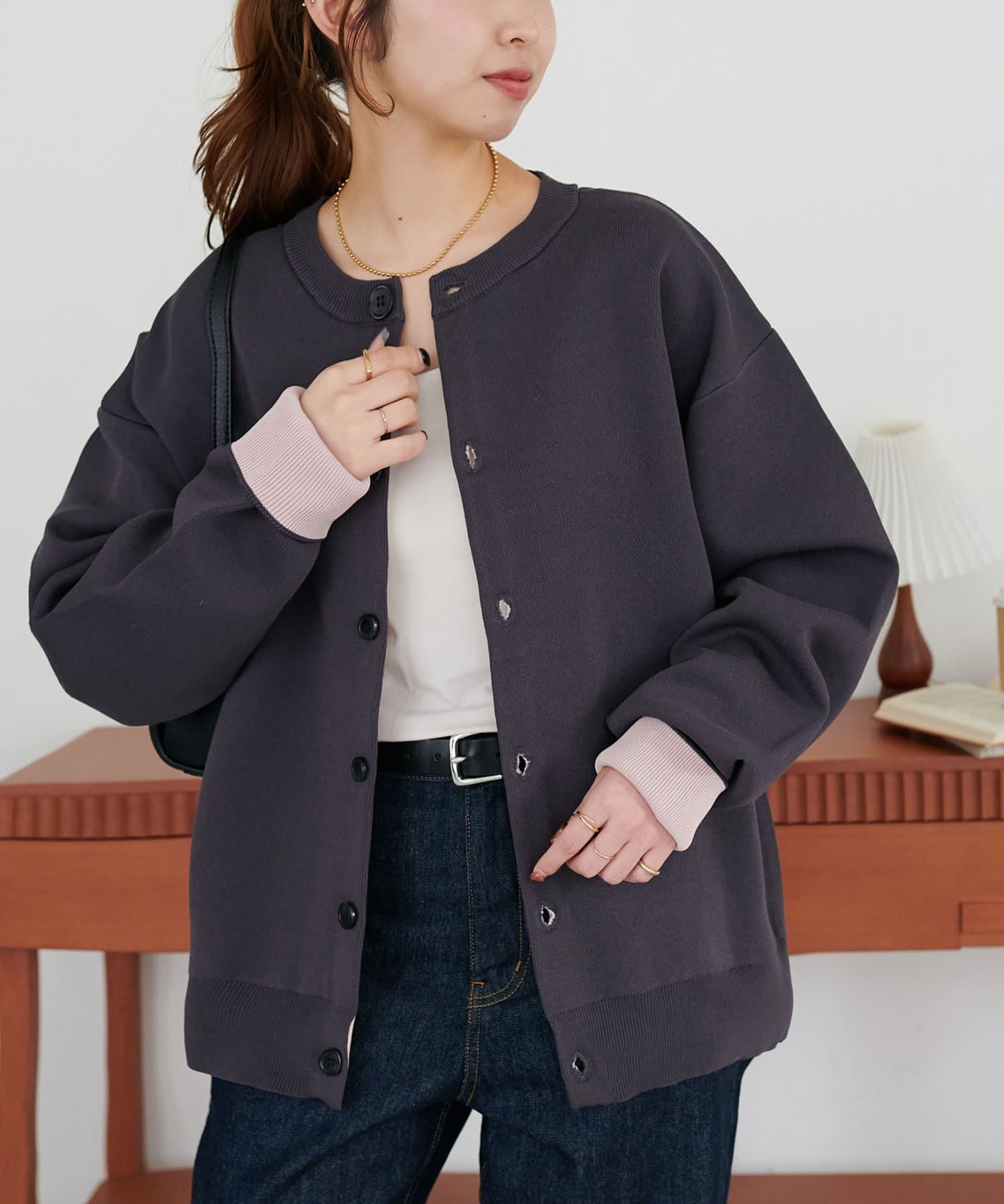 DISCOAT(ディスコート) 【ユニセックス】スウェットライク配色クルーカーディガン