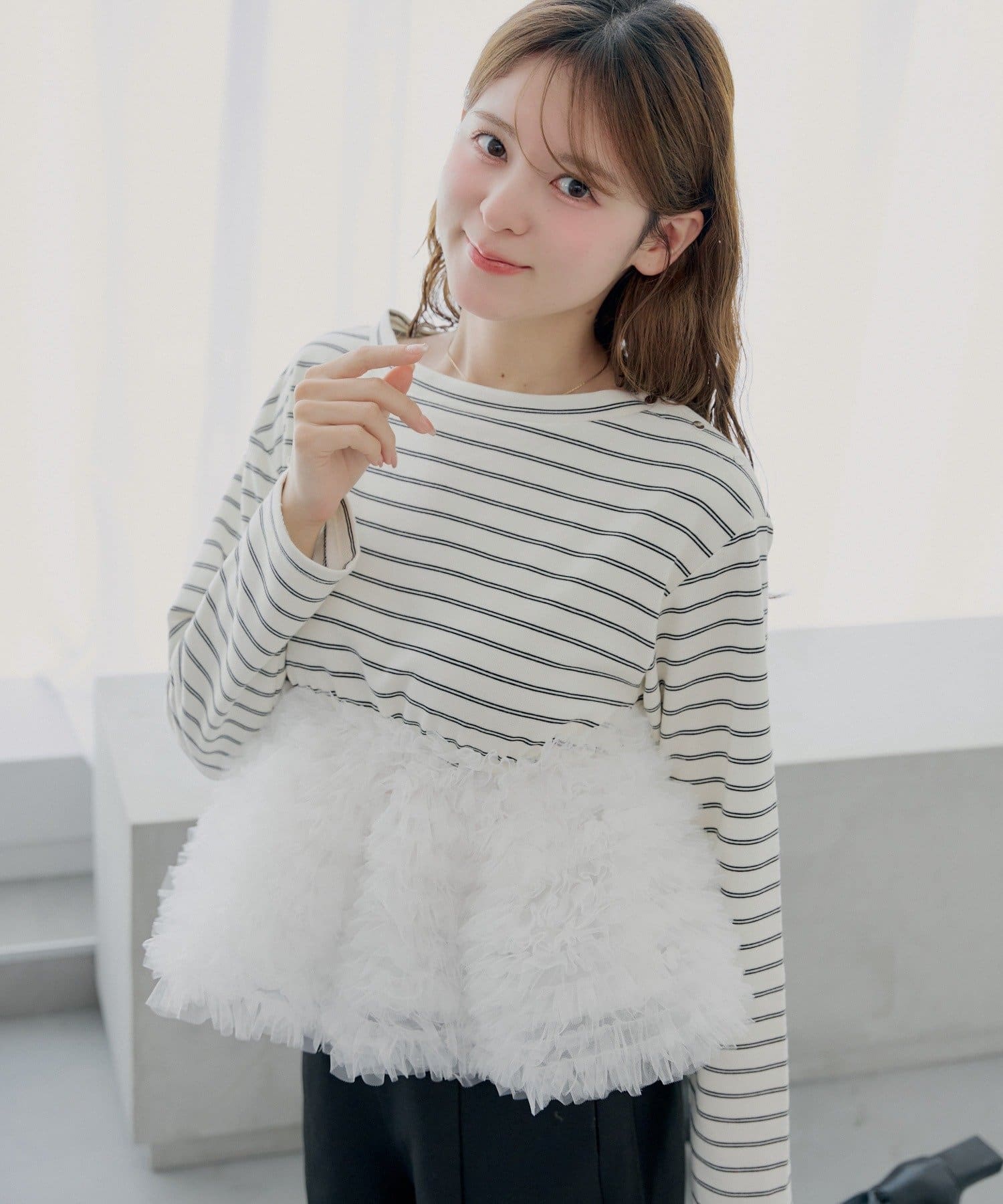 Chico(チコ) 【SALON by Chico】ボリュームチュールドッキングボーダーペプラムトップス