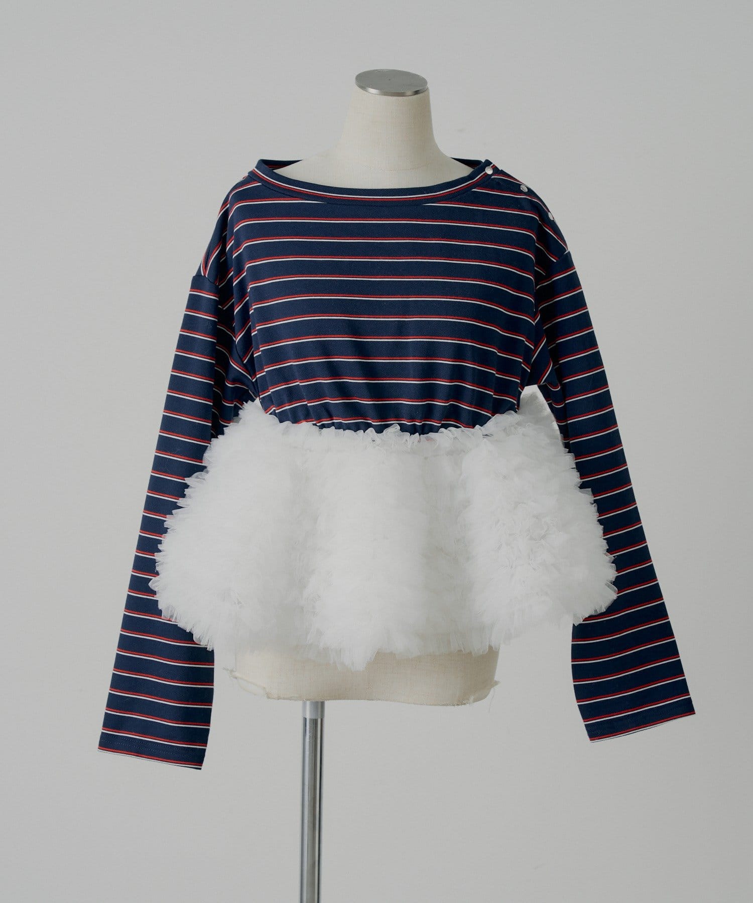 Chico(チコ) 【SALON by Chico】ボリュームチュールドッキングボーダーペプラムトップス