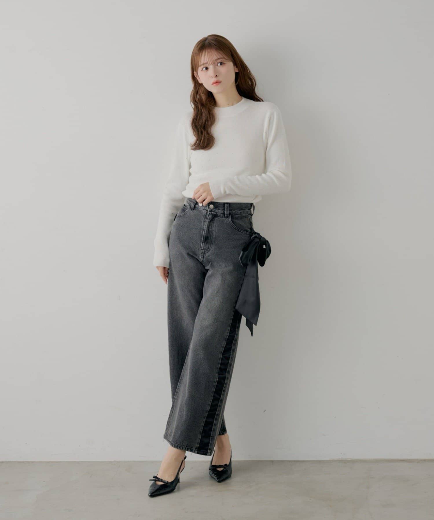 Chico(チコ) 【SALON by Chico】取り外しリボンサイドラインストレートルーズデニム