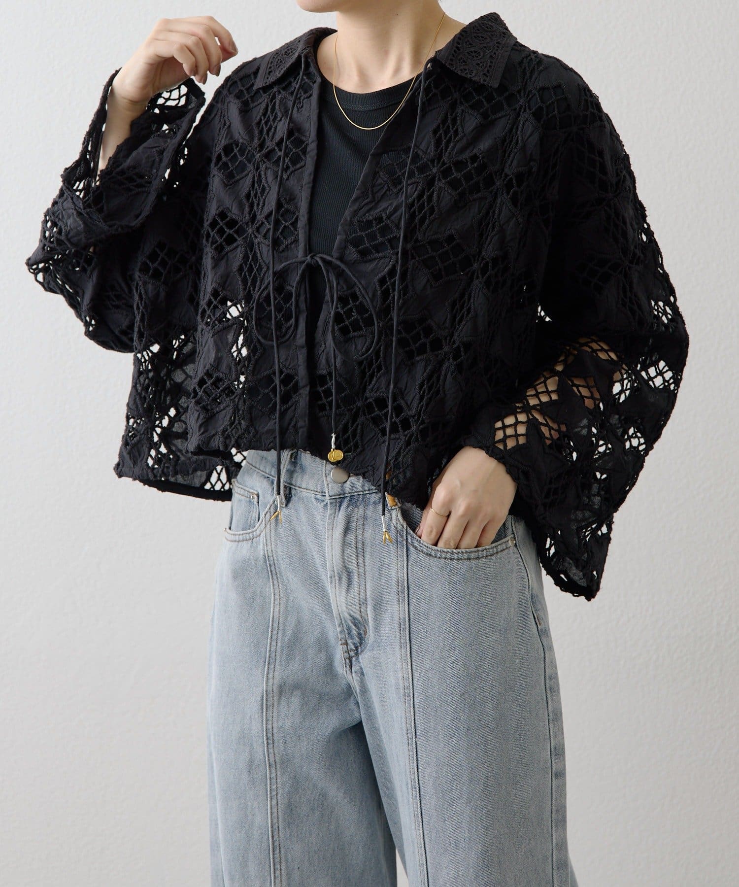 ear PAPILLONNER(イア パピヨネ) 《綿100％/透け感/吸湿性》インドレースシャツカーデ【SUM1 STYLE(スミスタイル)】