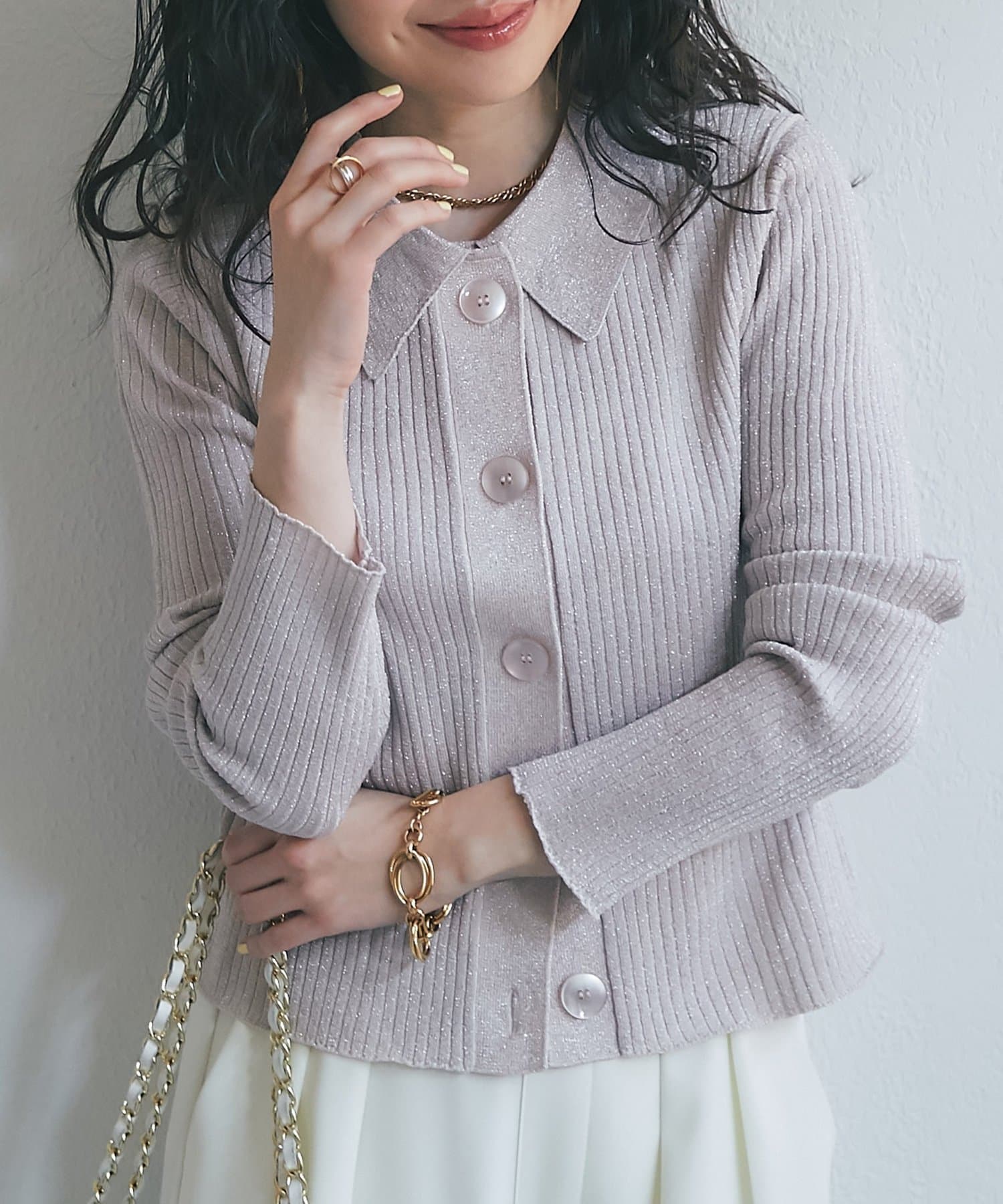 La boutique BonBon(ラブティックボンボン) 【名品・新色登場！】ラメリブポロ衿カーディガン