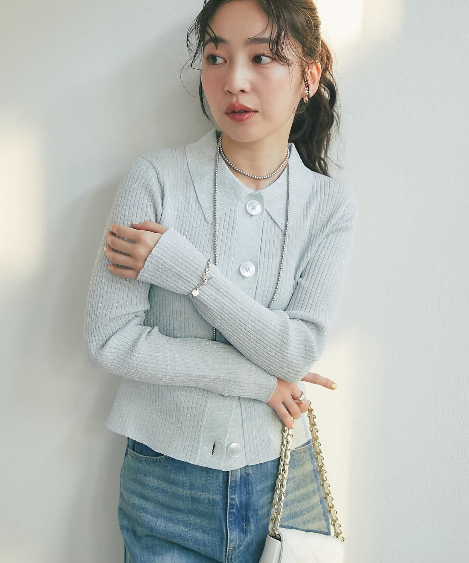 La boutique BonBon(ラブティックボンボン) 【名品・新色登場！】ラメリブポロ衿カーディガン