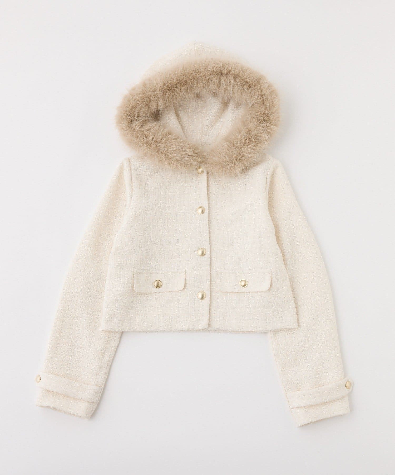 one after another NICE CLAUP(ワンアフターアナザー ナイスクラップ) 【セットアップ可能】フェイクファーフード付きツイードジャケット