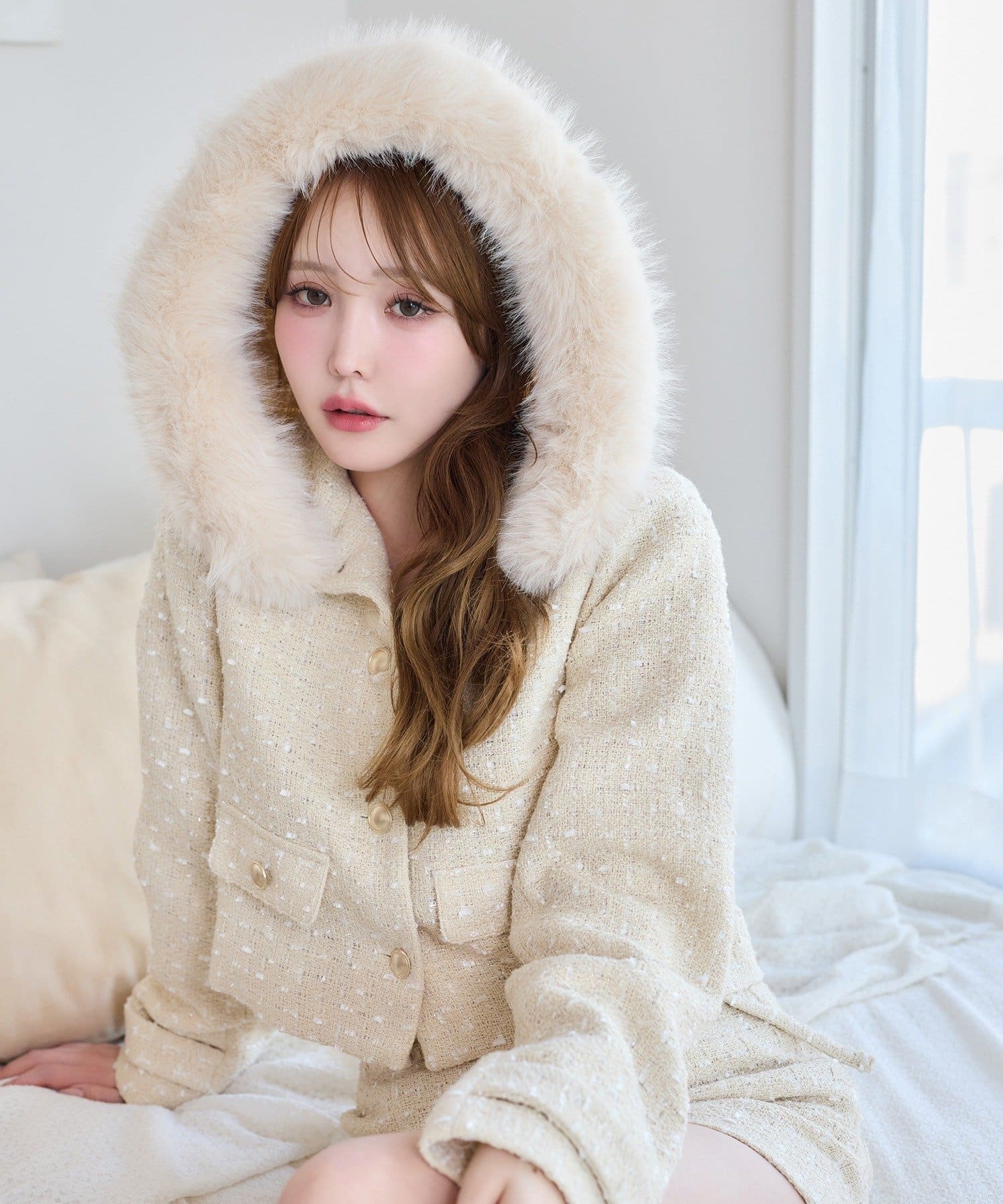 one after another NICE CLAUP(ワンアフターアナザー ナイスクラップ) 【セットアップ可能】フェイクファーフード付きツイードジャケット