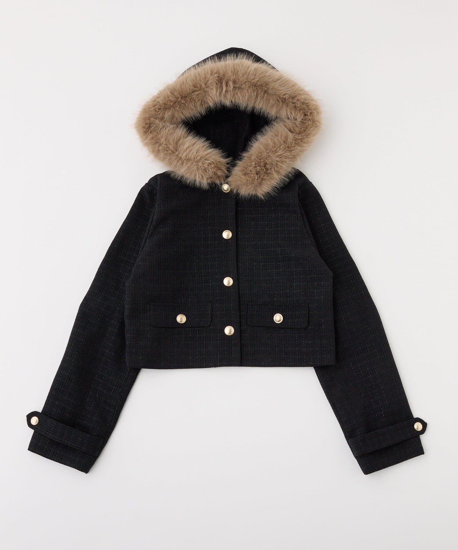 one after another NICE CLAUP(ワンアフターアナザー ナイスクラップ) 【セットアップ可能】フェイクファーフード付きツイードジャケット