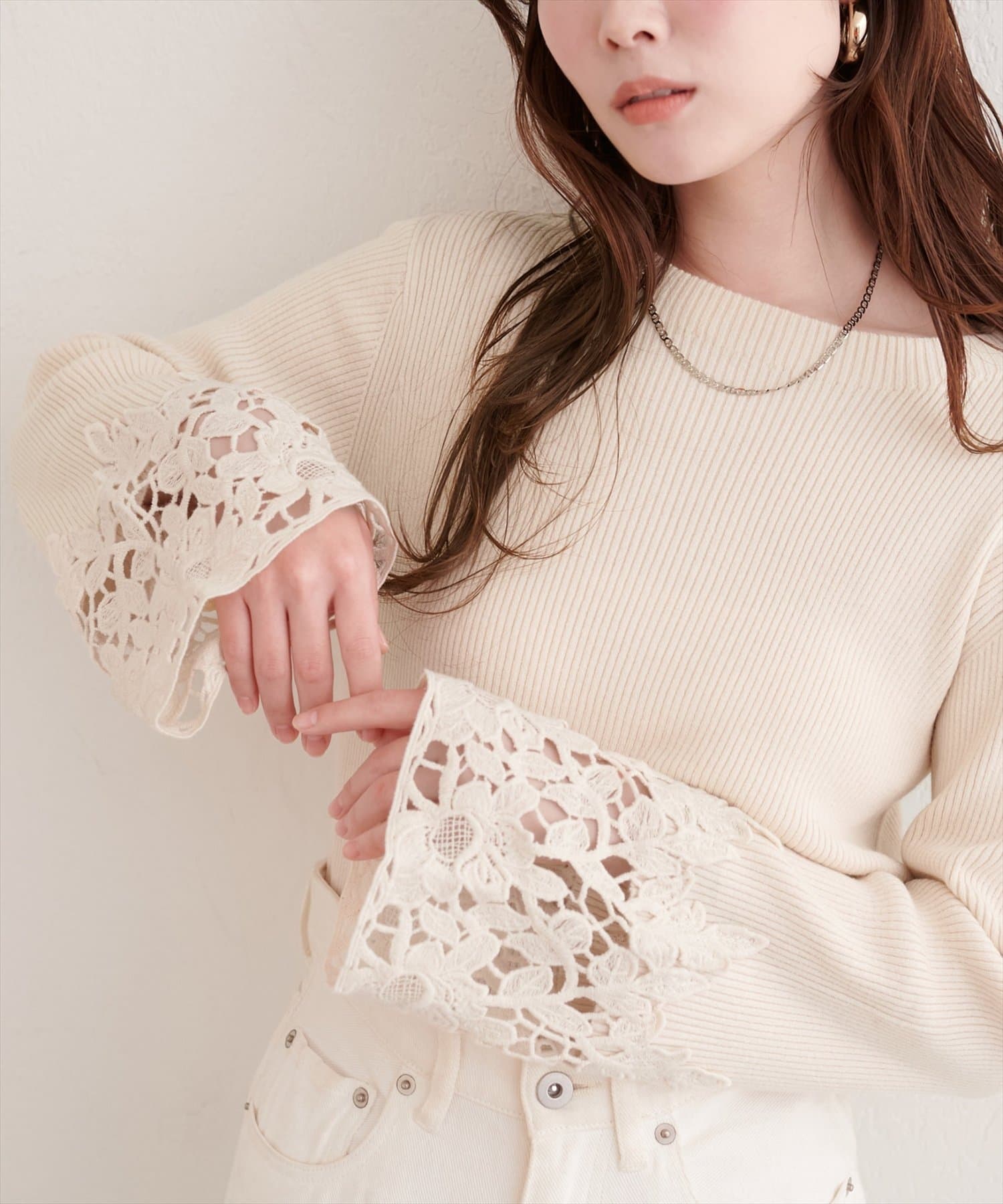 natural couture(ナチュラルクチュール) 袖口レースリブニットプルオーバー