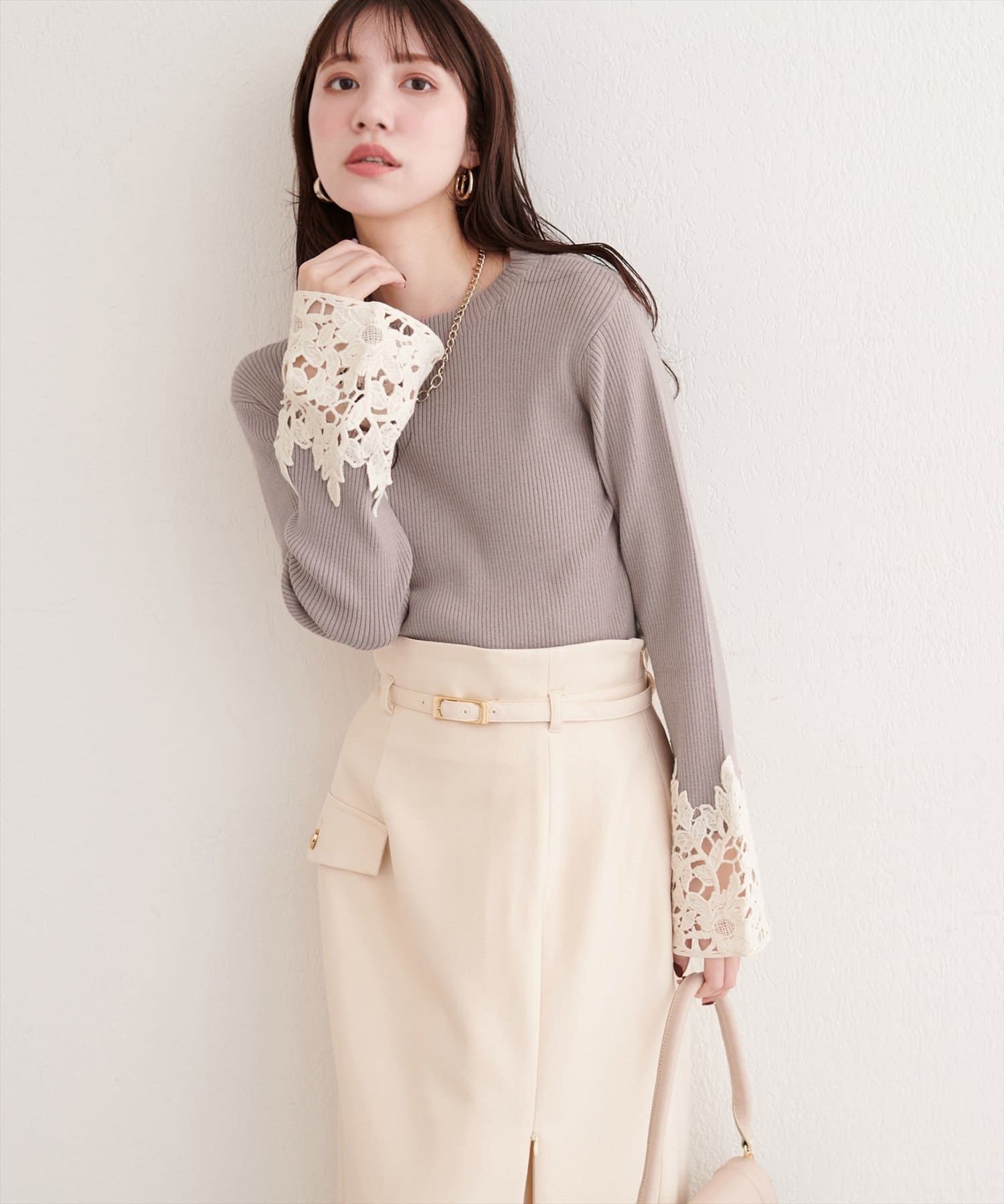 natural couture(ナチュラルクチュール) 袖口レースリブニットプルオーバー