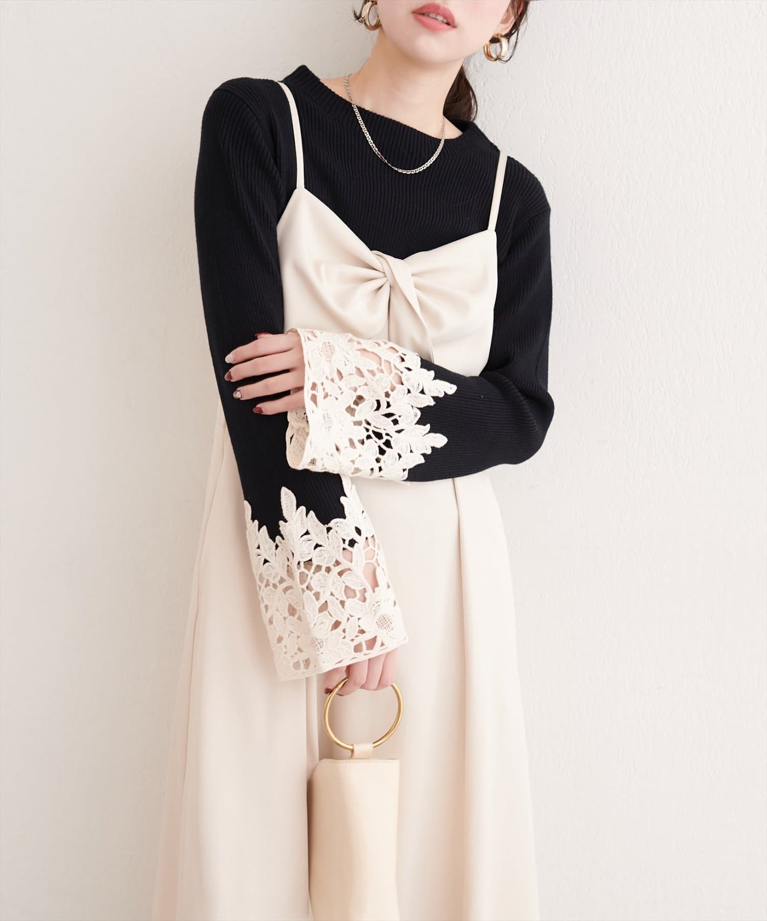 natural couture(ナチュラルクチュール) 袖口レースリブニットプルオーバー