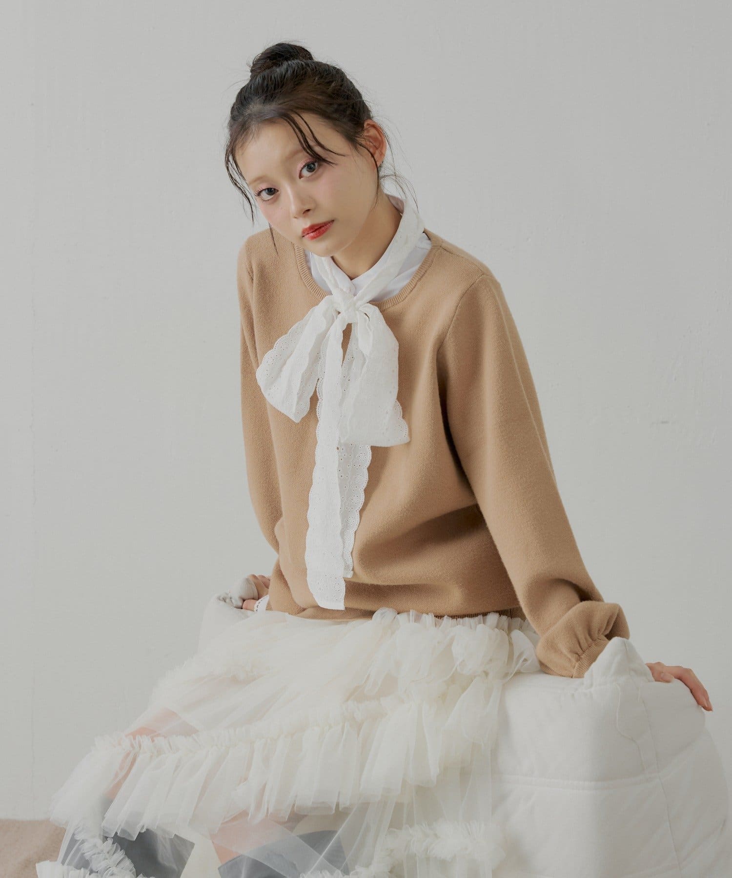 Chico(チコ) 【12/19(金)18時販売】ボウタイブラウスドッキングニット