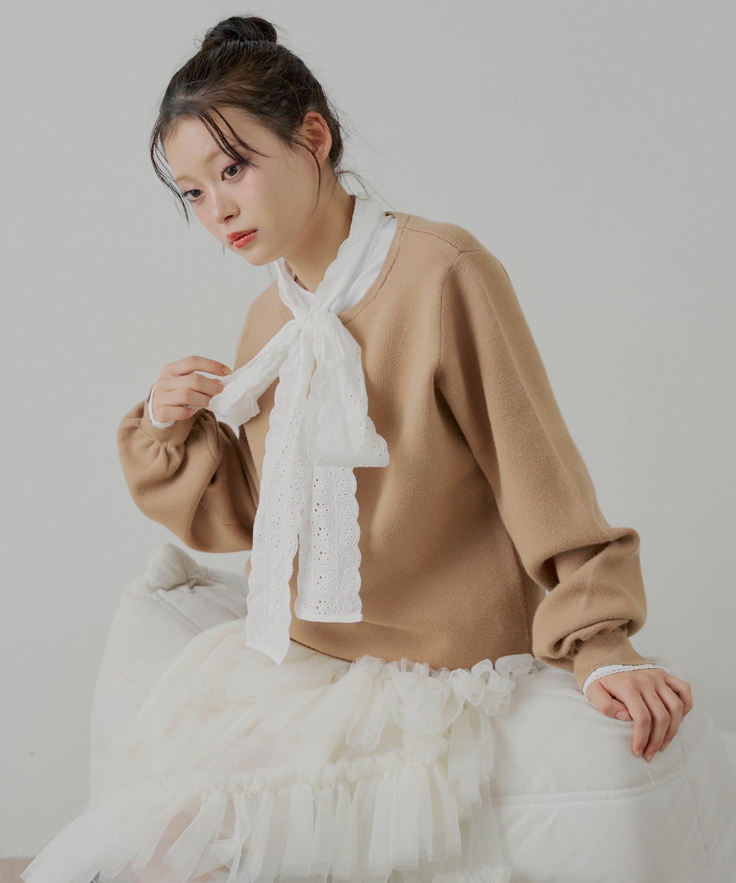 Chico(チコ) 【12/19(金)18時販売】ボウタイブラウスドッキングニット