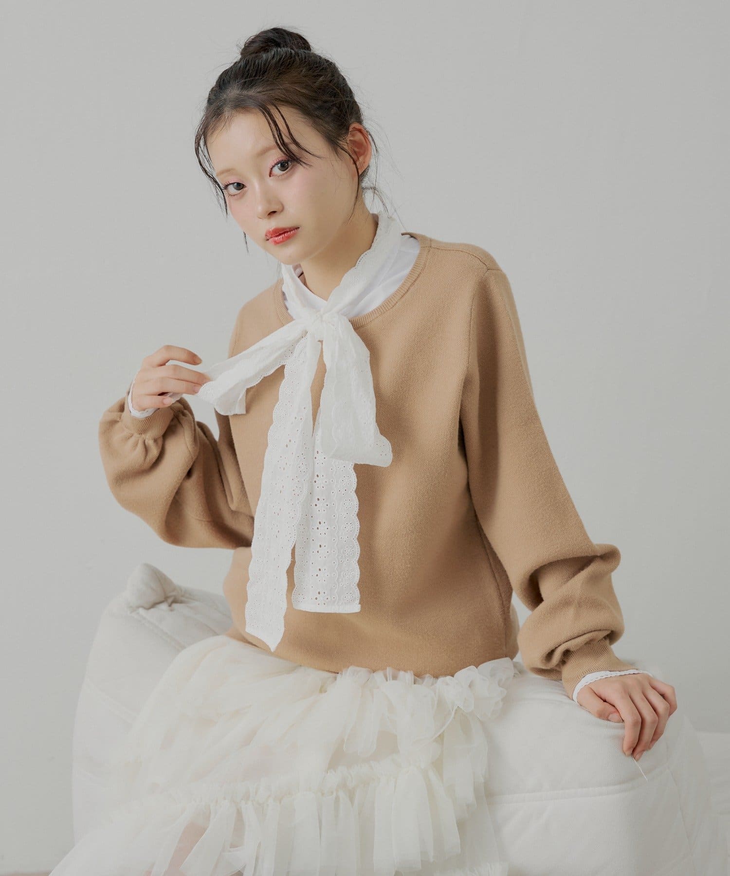 Chico(チコ) 【12/19(金)18時販売】ボウタイブラウスドッキングニット