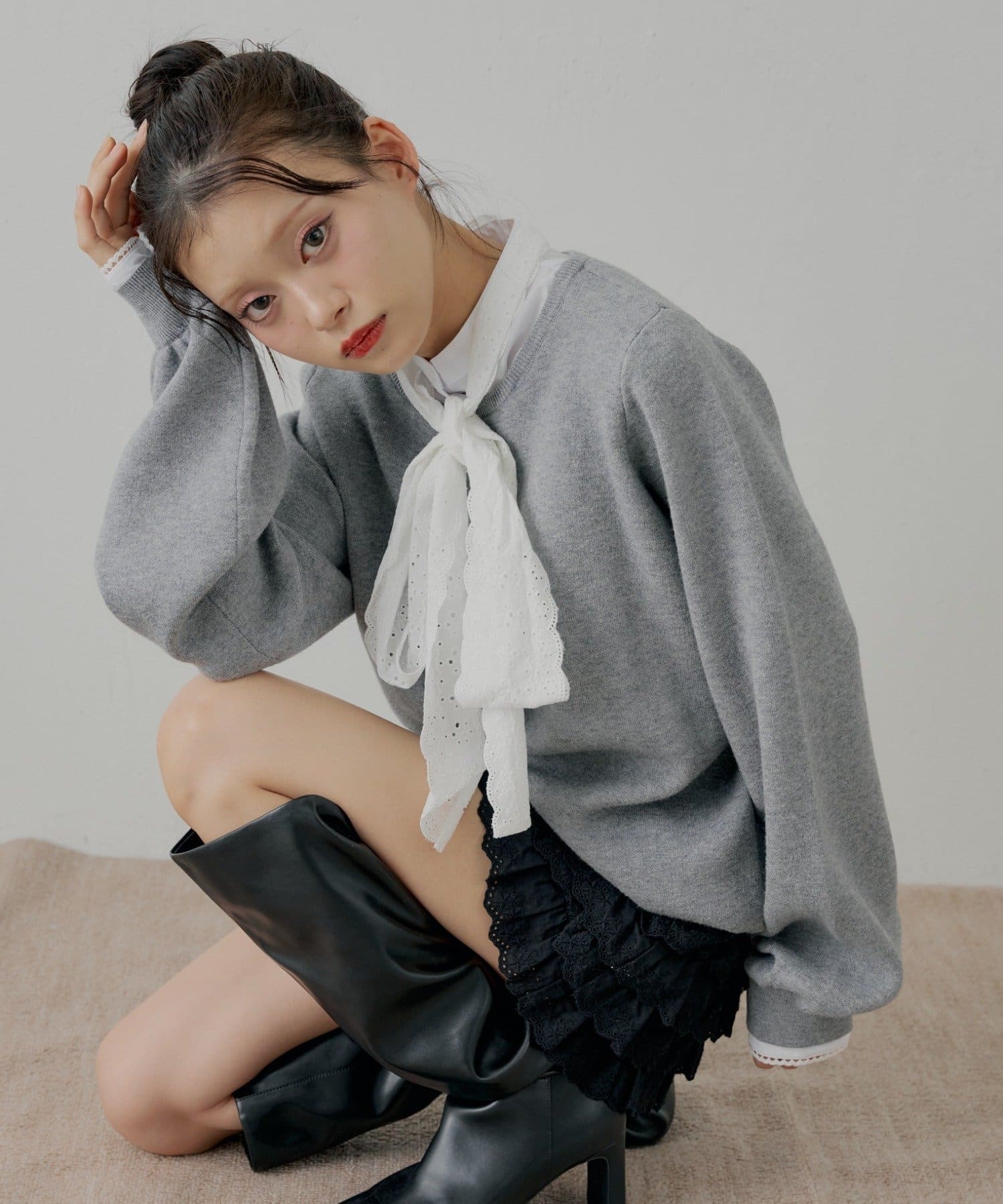 Chico(チコ) 【12/19(金)18時販売】ボウタイブラウスドッキングニット