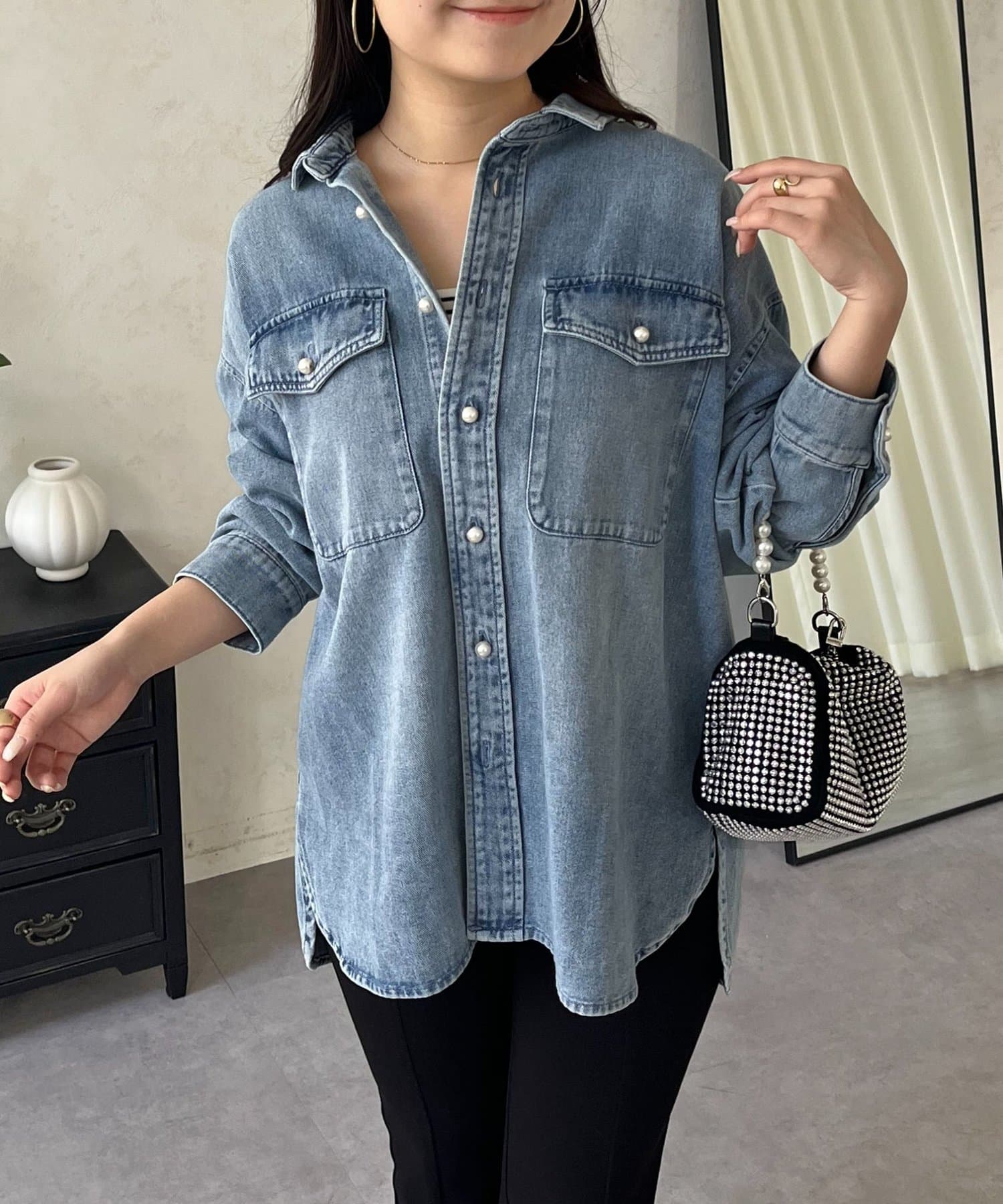 prose verse(プロズヴェール) パールボタンオーバーサイズデニムシャツ