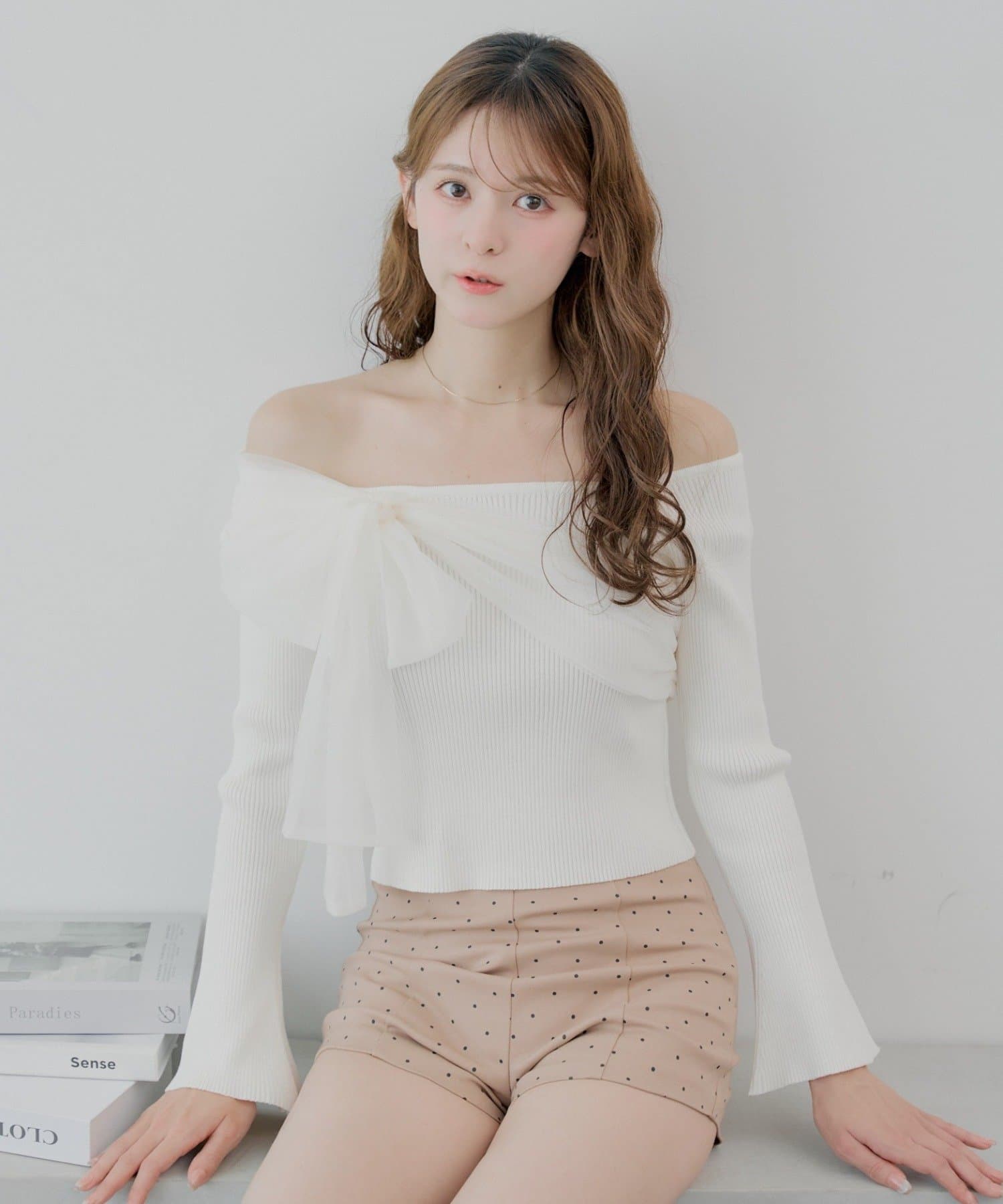 Chico(チコ) チュールオフショルリボンニット