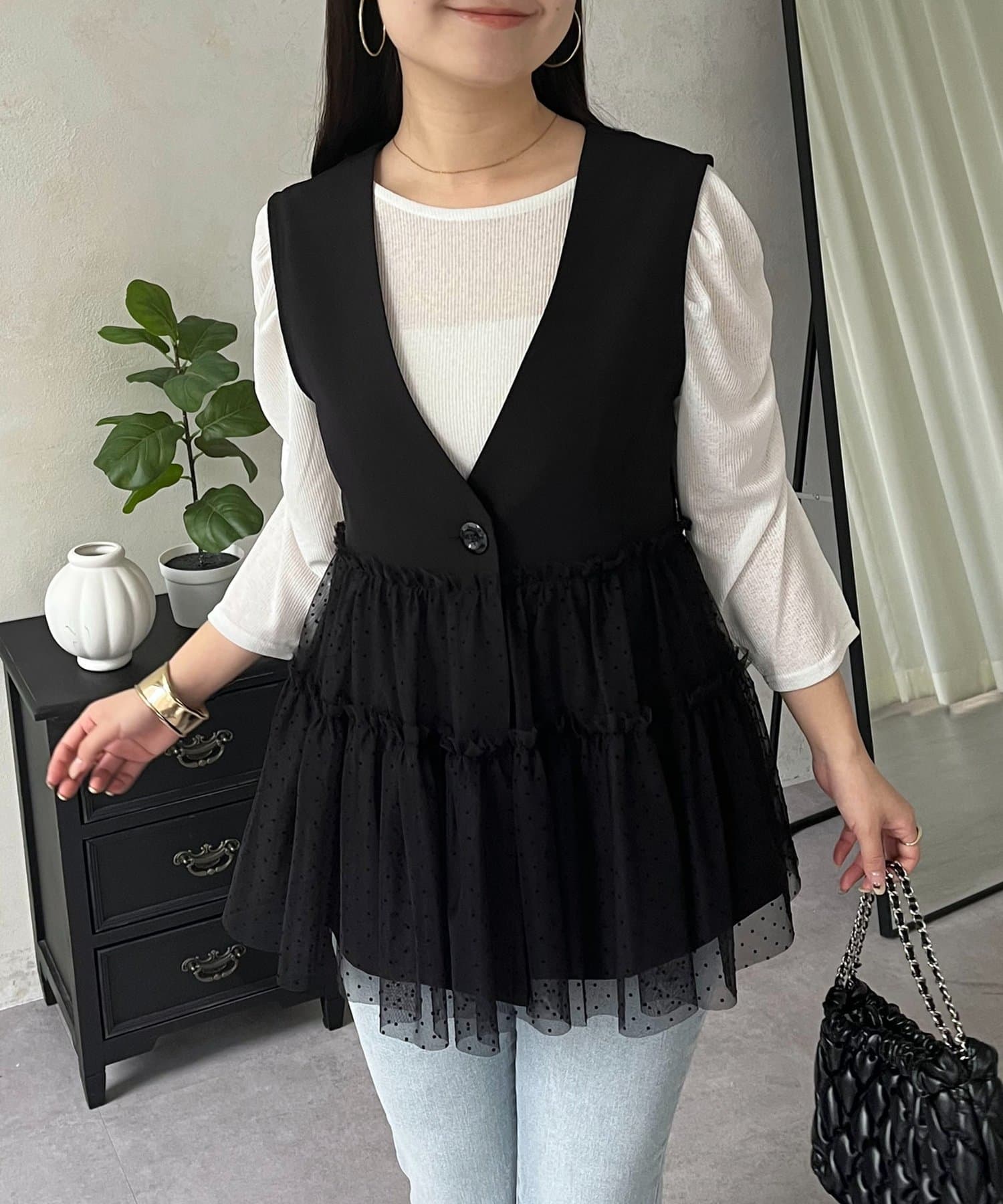 prose verse(プロズヴェール) ティアードチュールVネックペプラムジレ