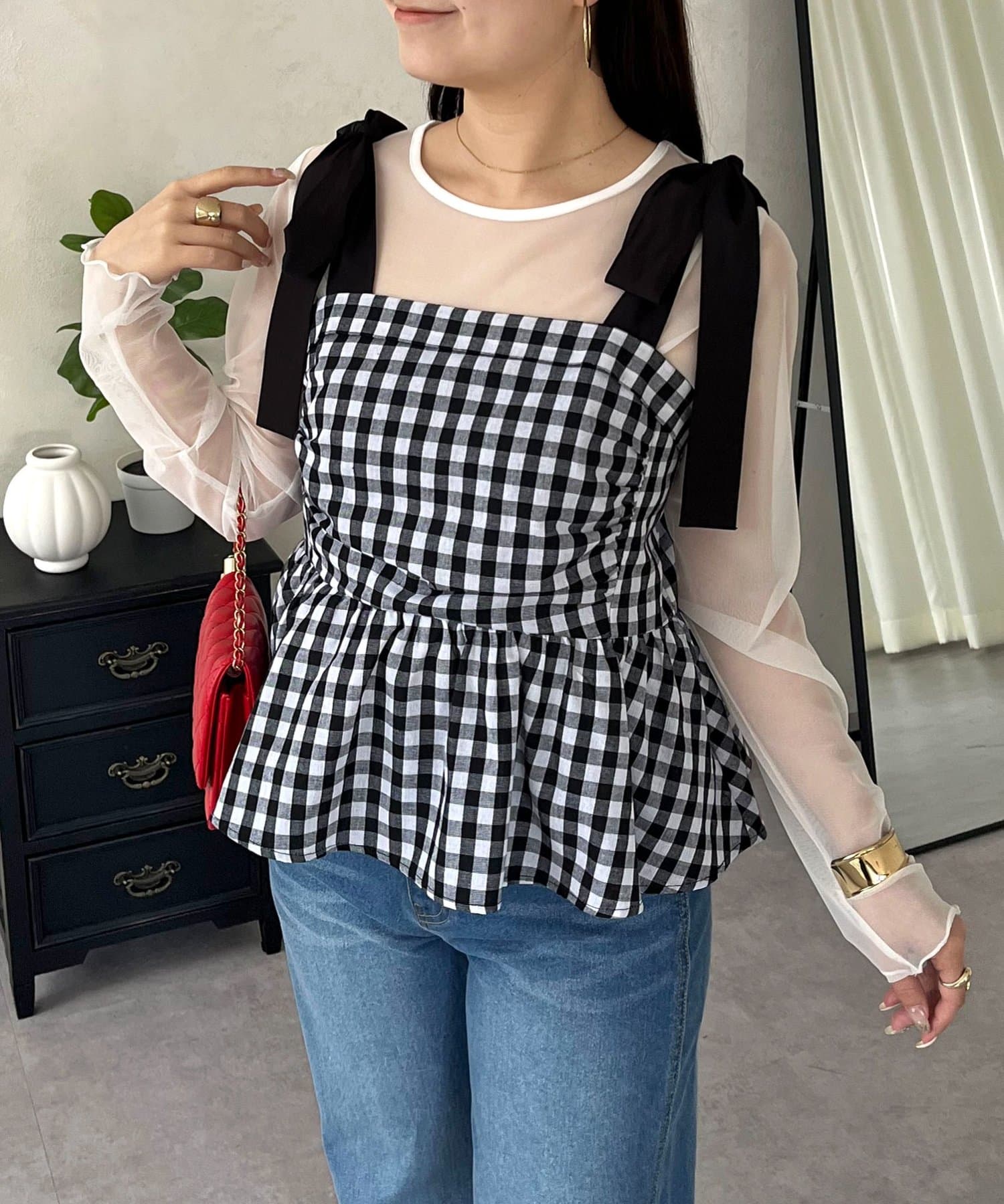 prose verse(プロズヴェール) 肩リボンギンガムチェックビスチェ