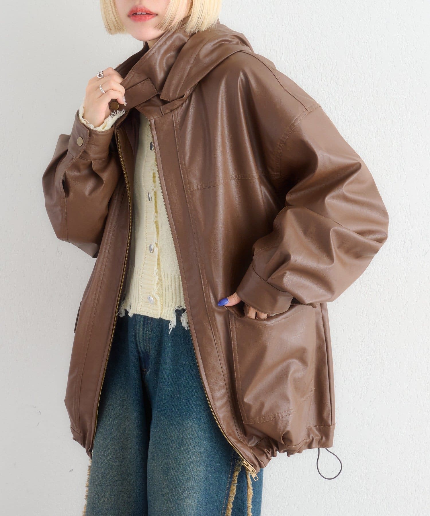 w closet(ダブルクローゼット) フェイクレザーフーディージャケット