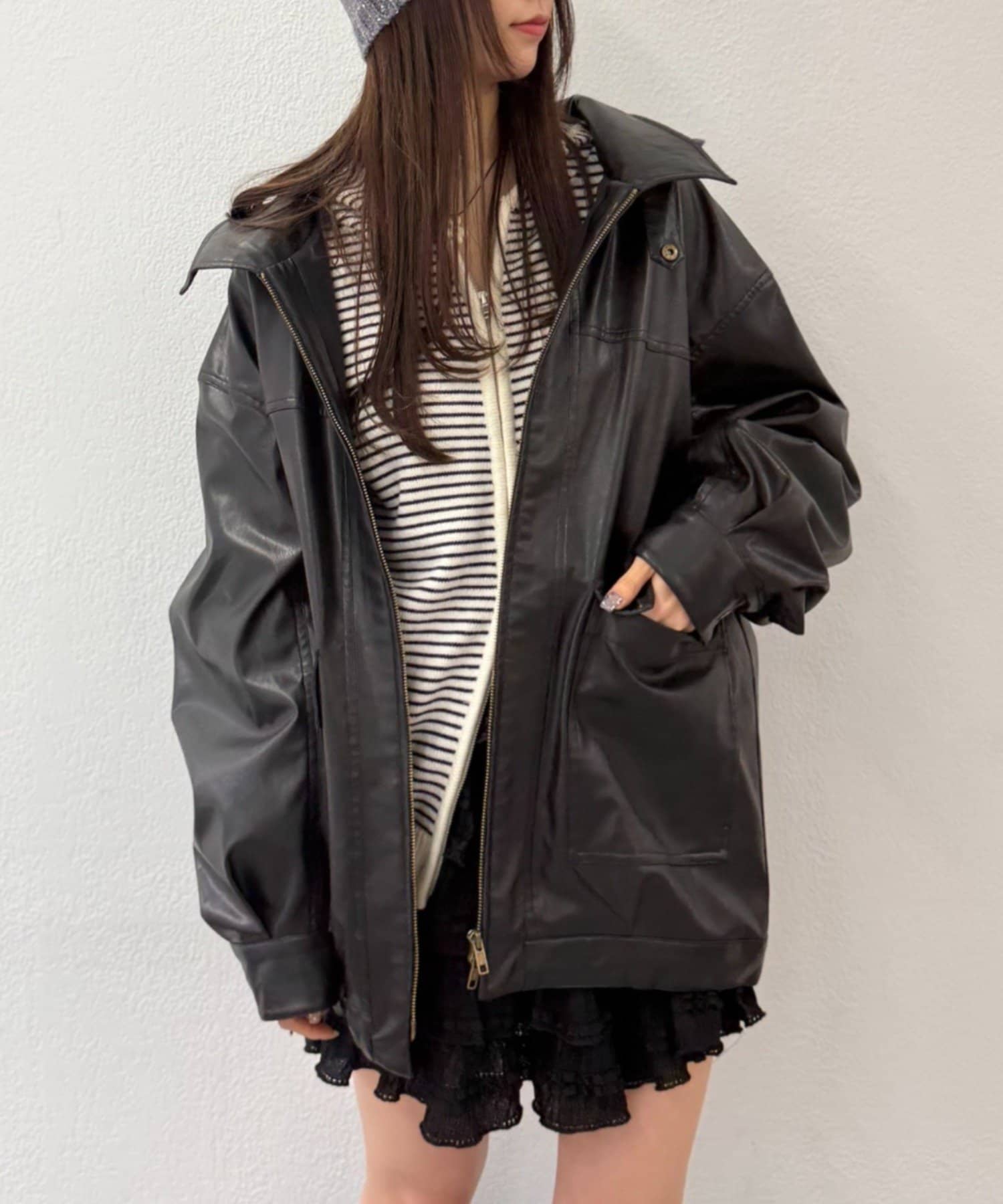 w closet(ダブルクローゼット) フェイクレザーフーディージャケット