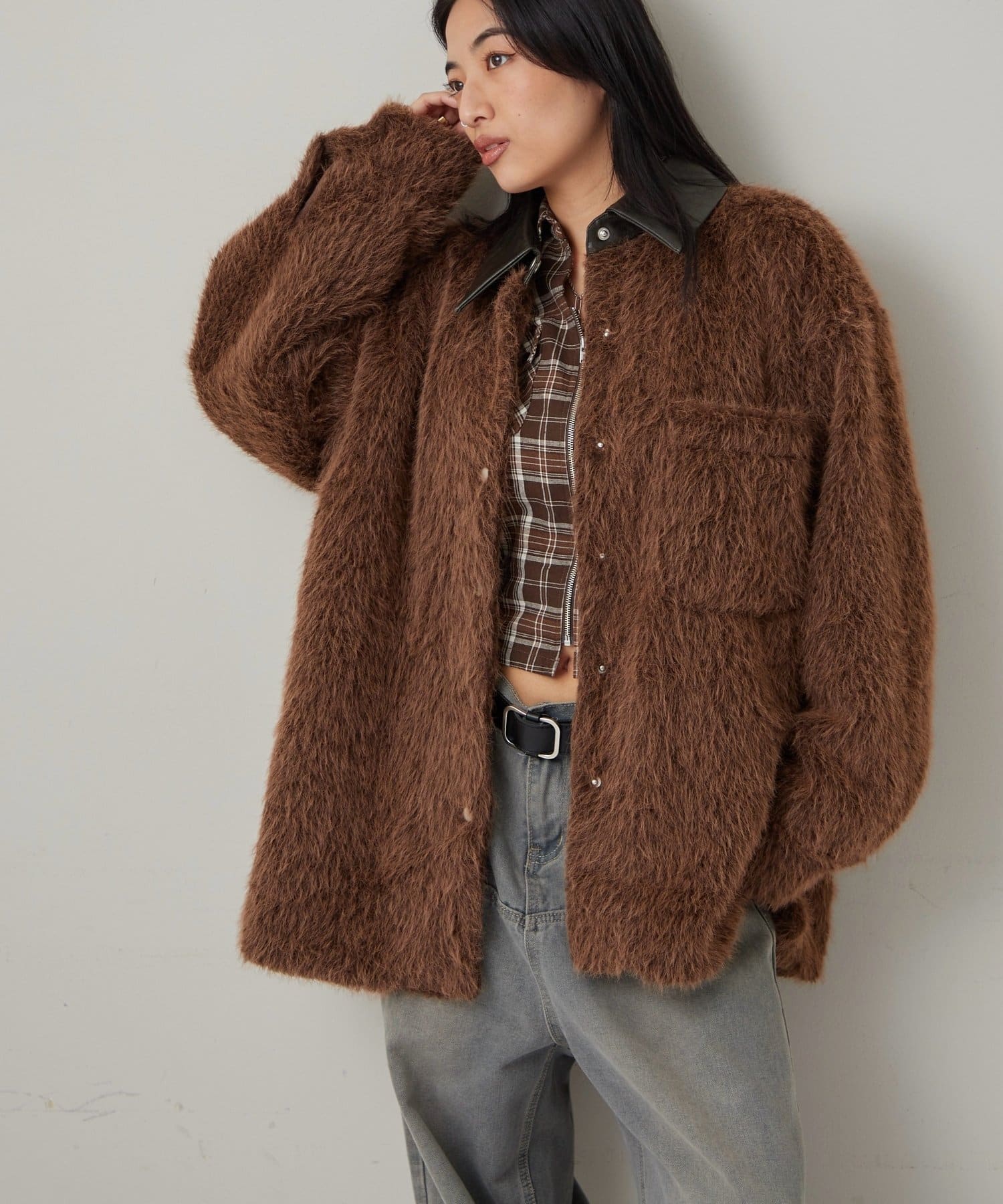 OUTLET(アウトレット) 【WHO'S WHO gallery】襟切り替えシャギーシャツジャケット