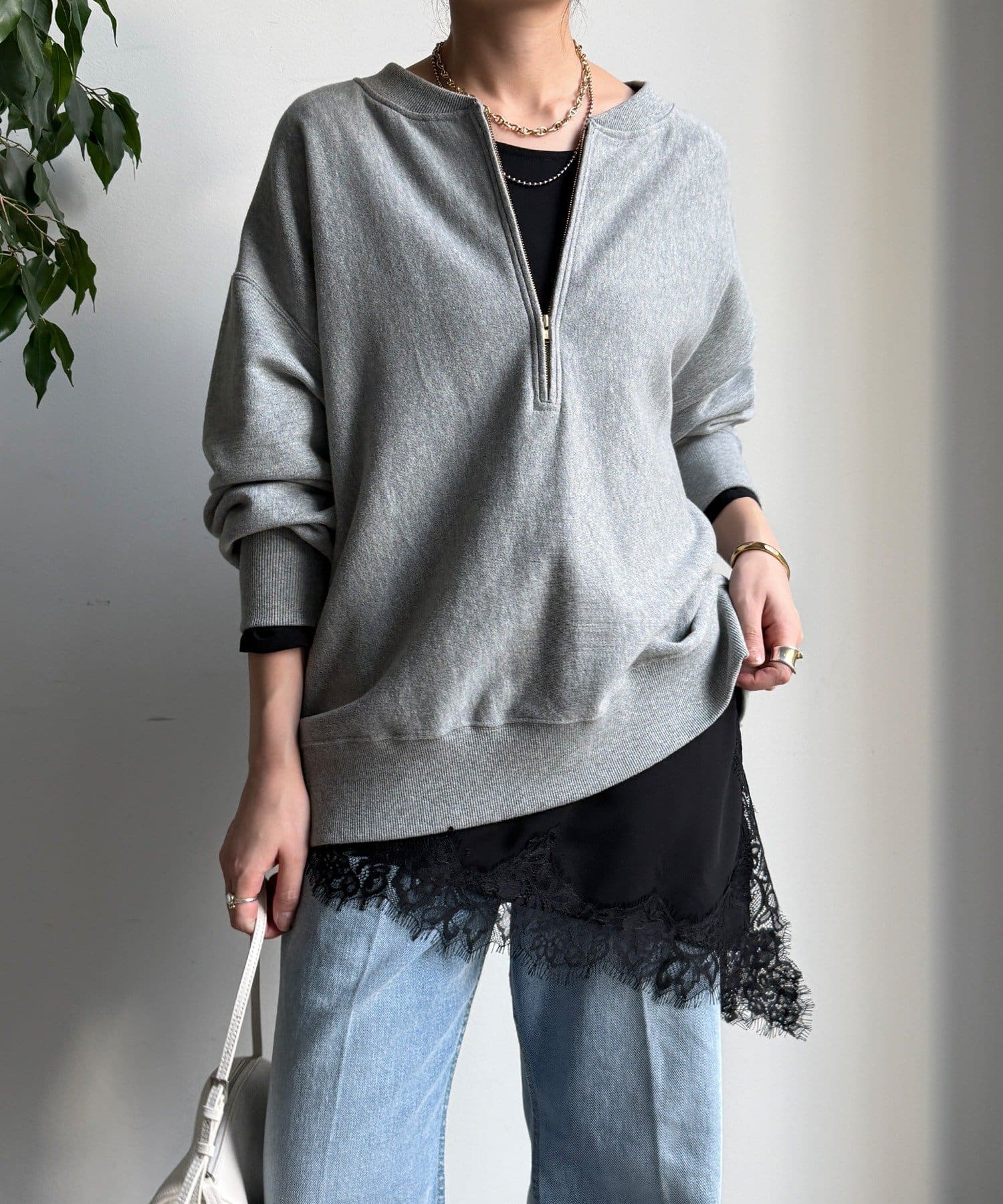 DOUDOU(ドゥドゥ) ジョーゼットアシメレース切替ブラウス