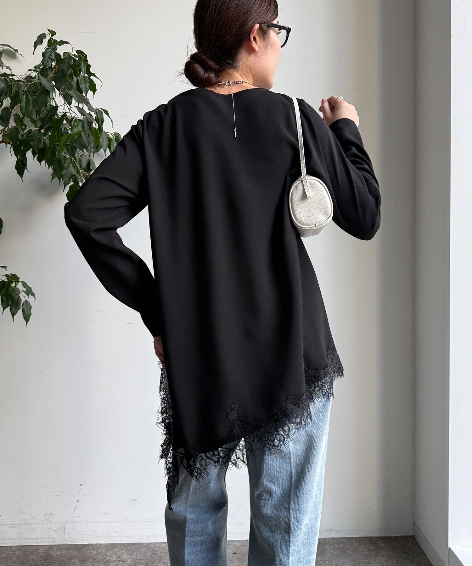 DOUDOU(ドゥドゥ) ジョーゼットアシメレース切替ブラウス