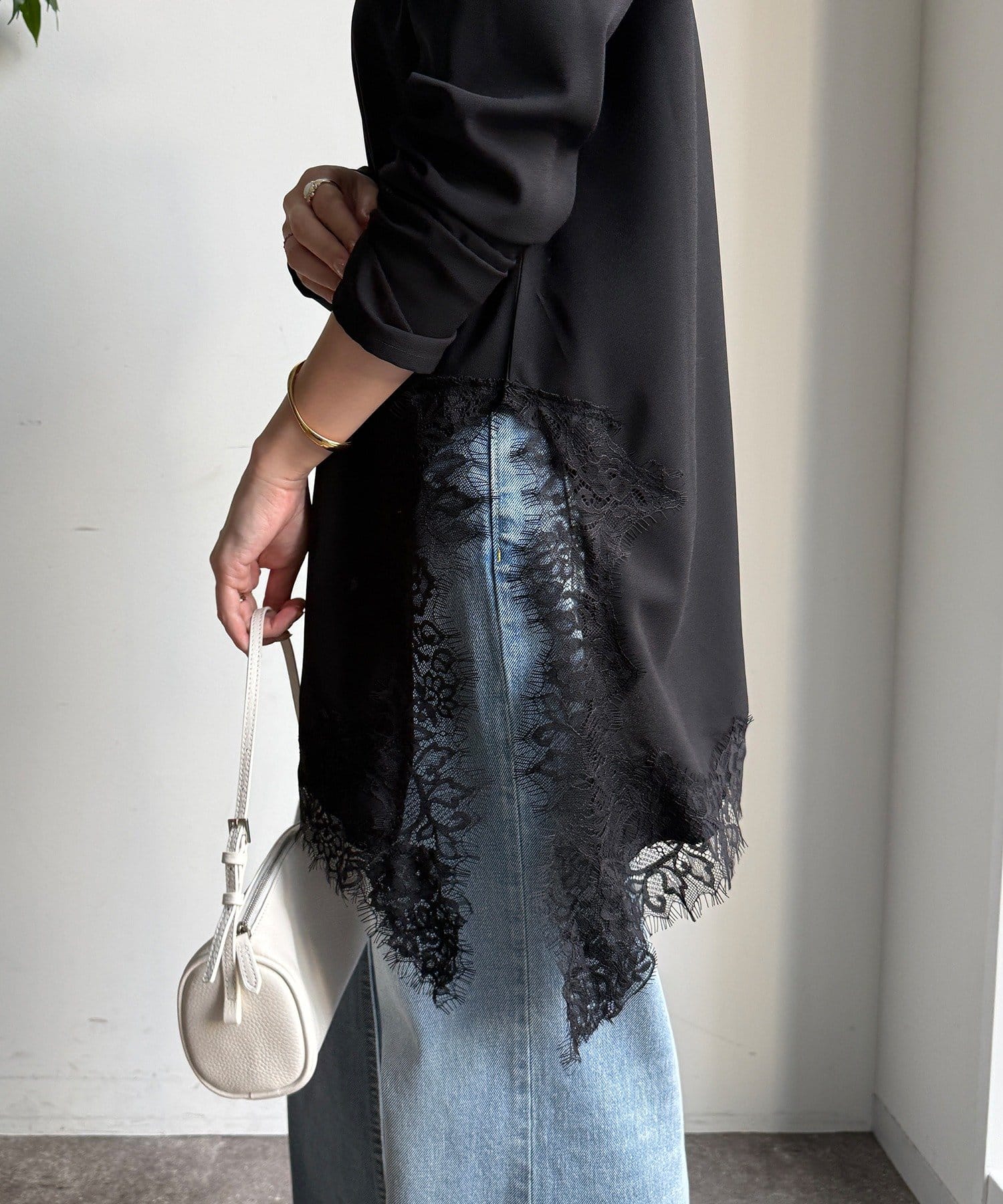 DOUDOU(ドゥドゥ) ジョーゼットアシメレース切替ブラウス