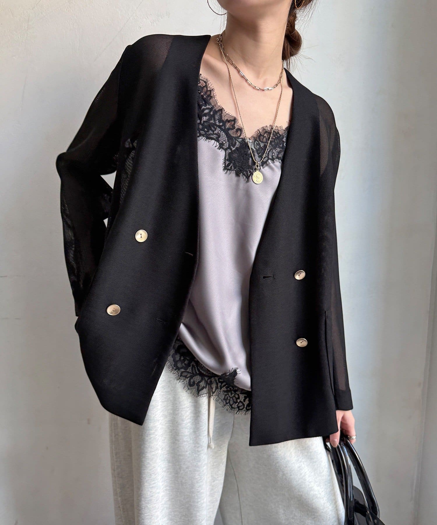 DOUDOU(ドゥドゥ) メッシュノーカラーバックリボンジャケット