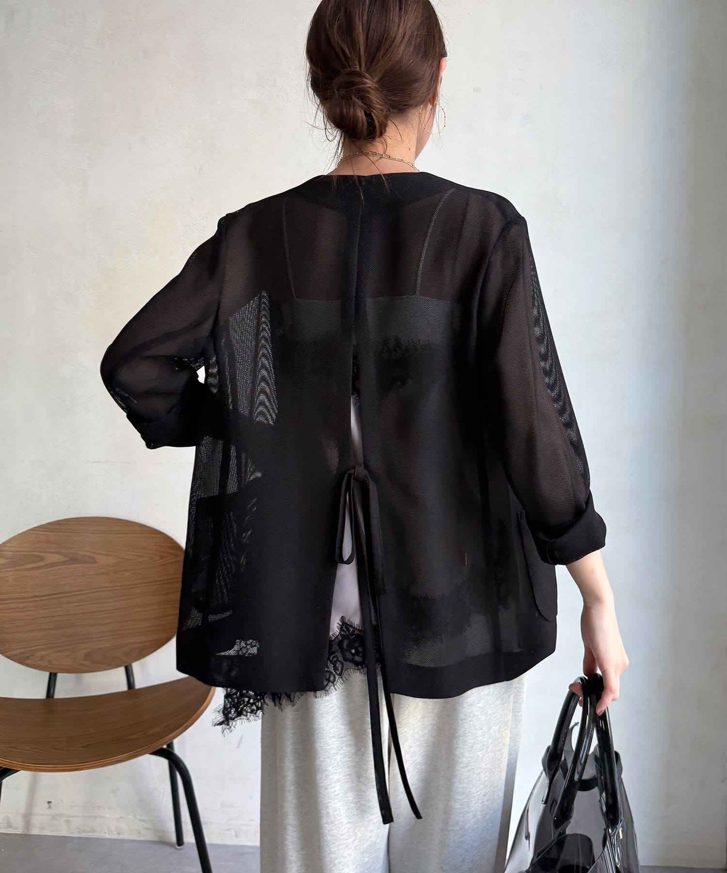 DOUDOU(ドゥドゥ) メッシュノーカラーバックリボンジャケット