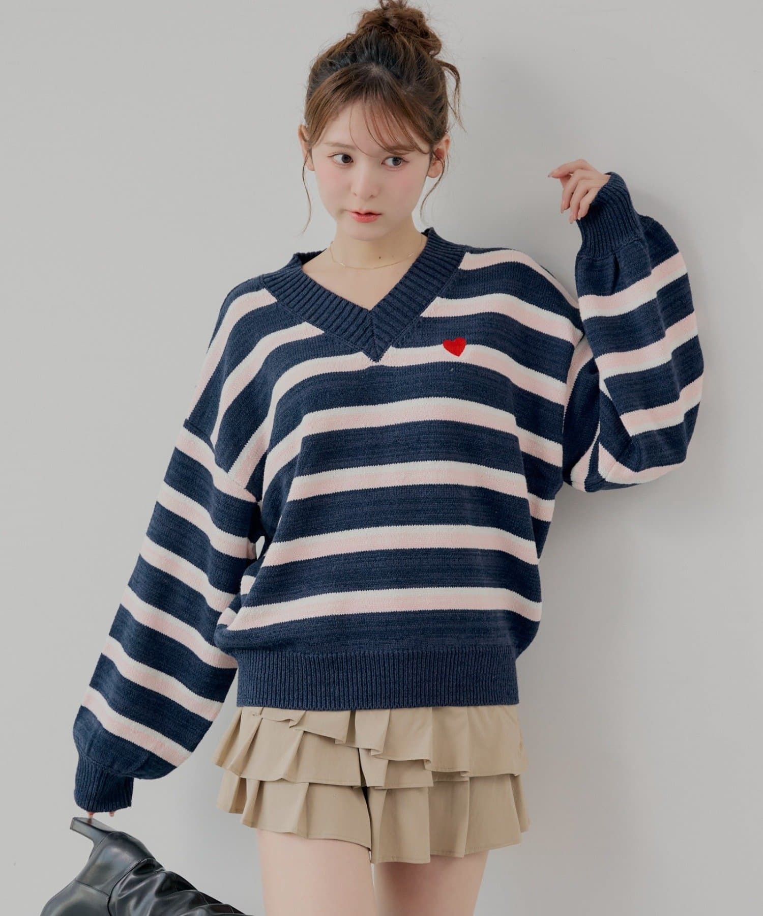 Chico(チコ) Vネックボーダールーズニット