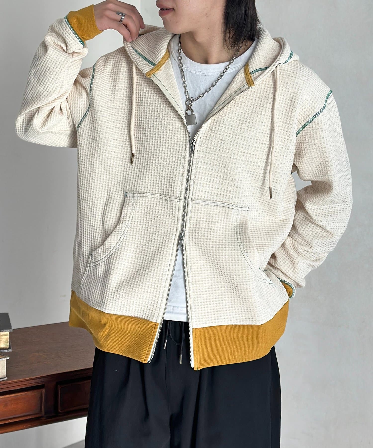 CPCM(シーピーシーエム) ワッフルリブ配色ジップパーカー