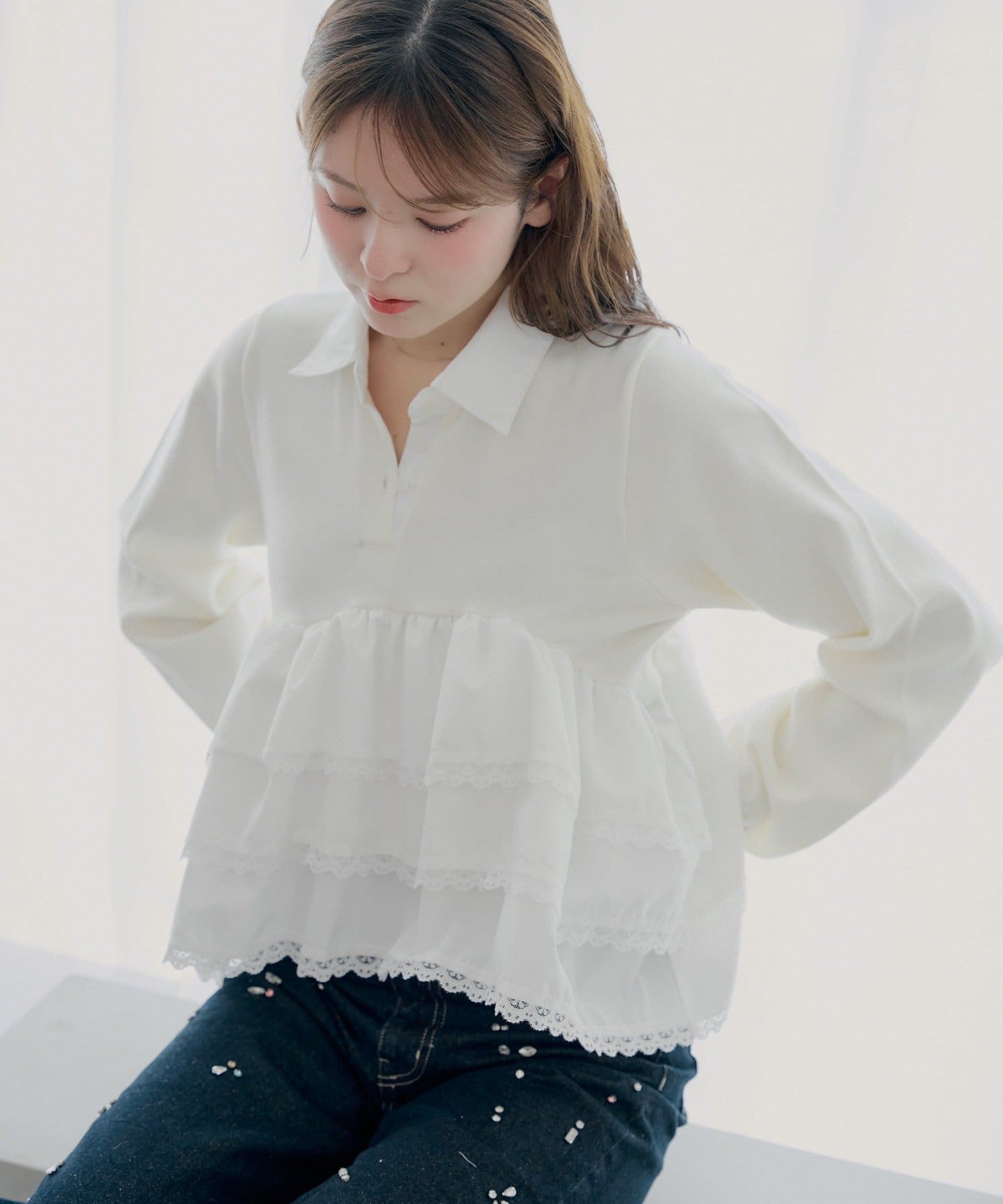 Chico(チコ) 【SALON by Chico】レースティアードペプラム襟付きニット