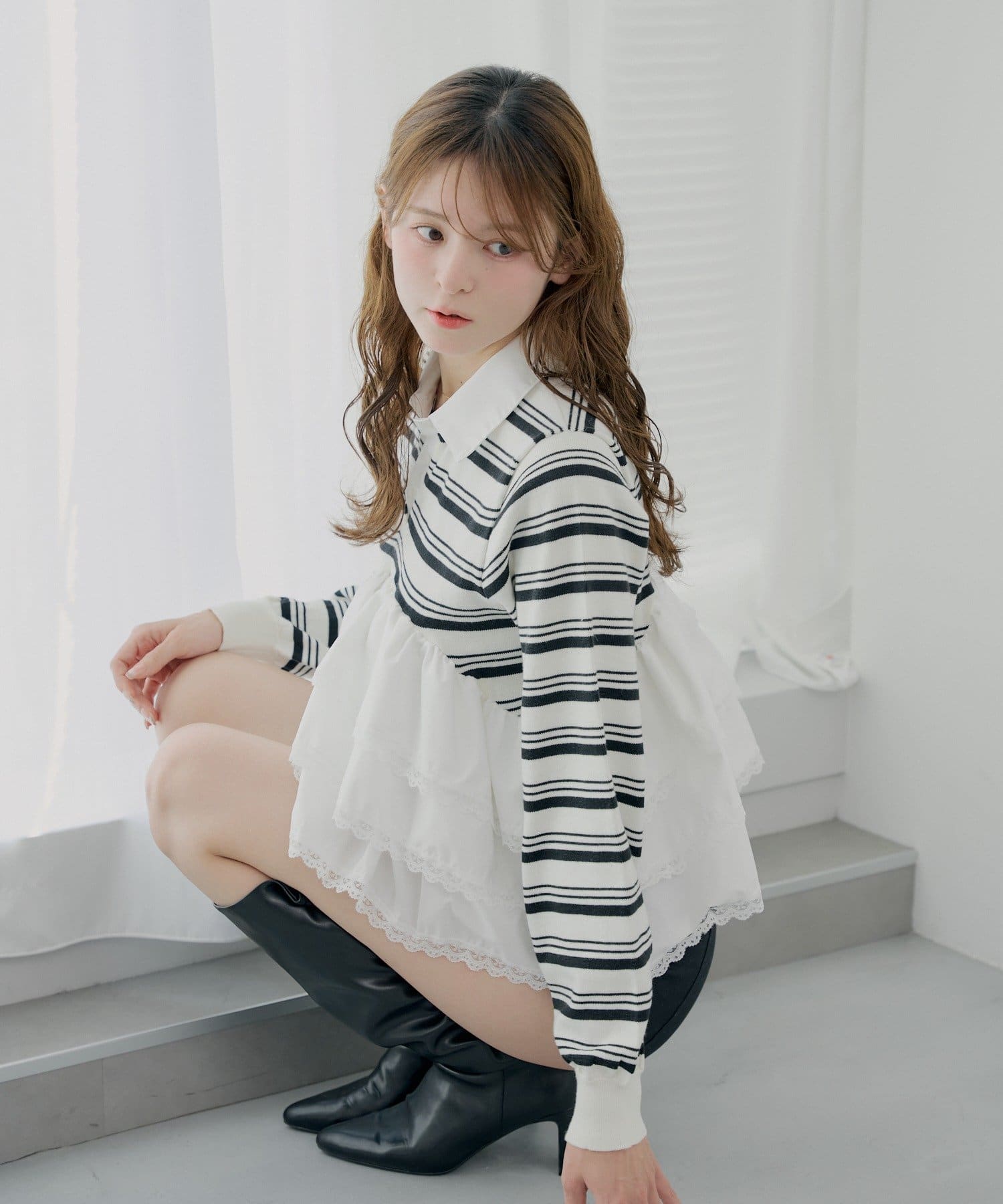 Chico(チコ) 【SALON by Chico】レースティアードペプラム襟付きニット