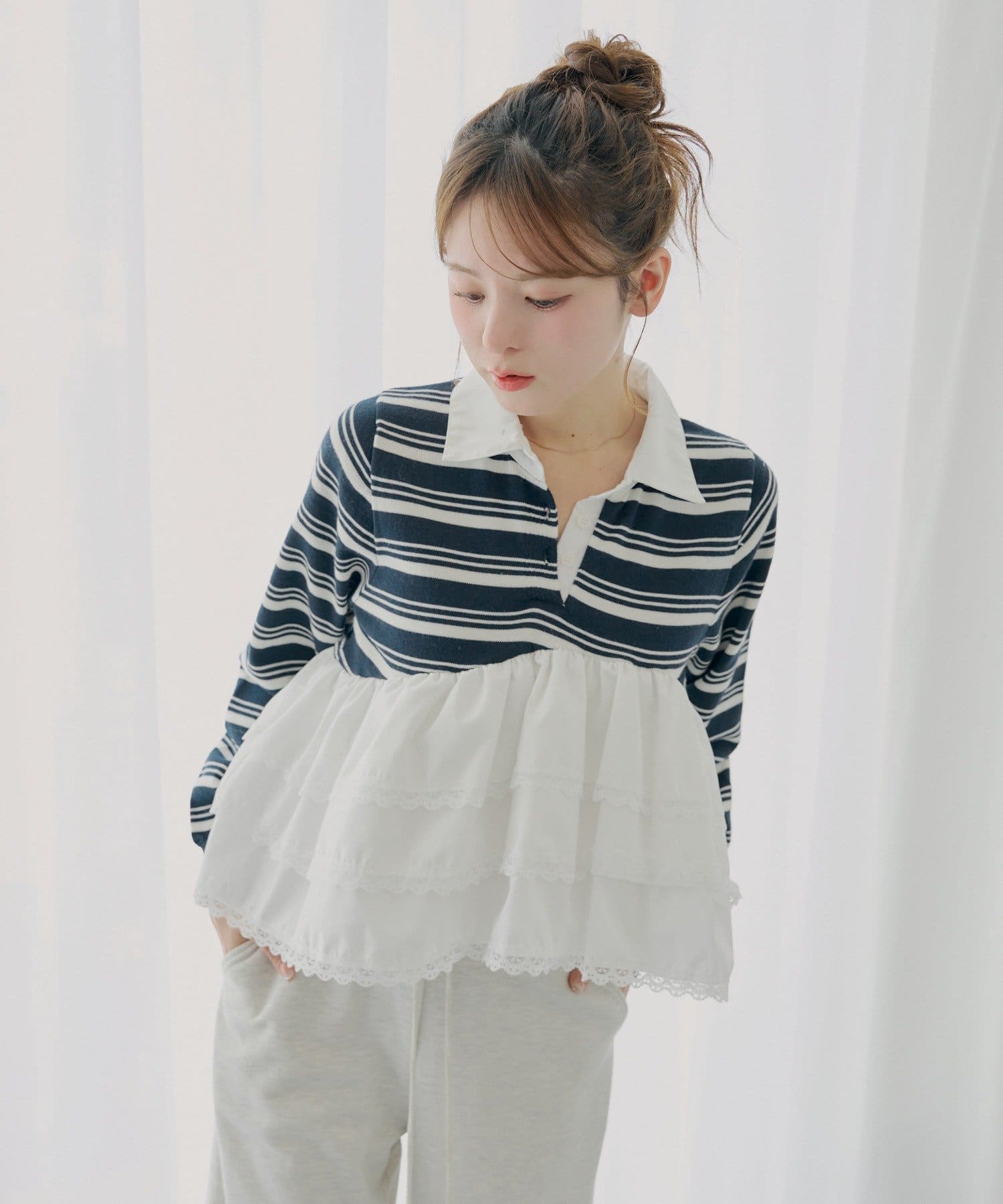 Chico(チコ) 【SALON by Chico】レースティアードペプラム襟付きニット