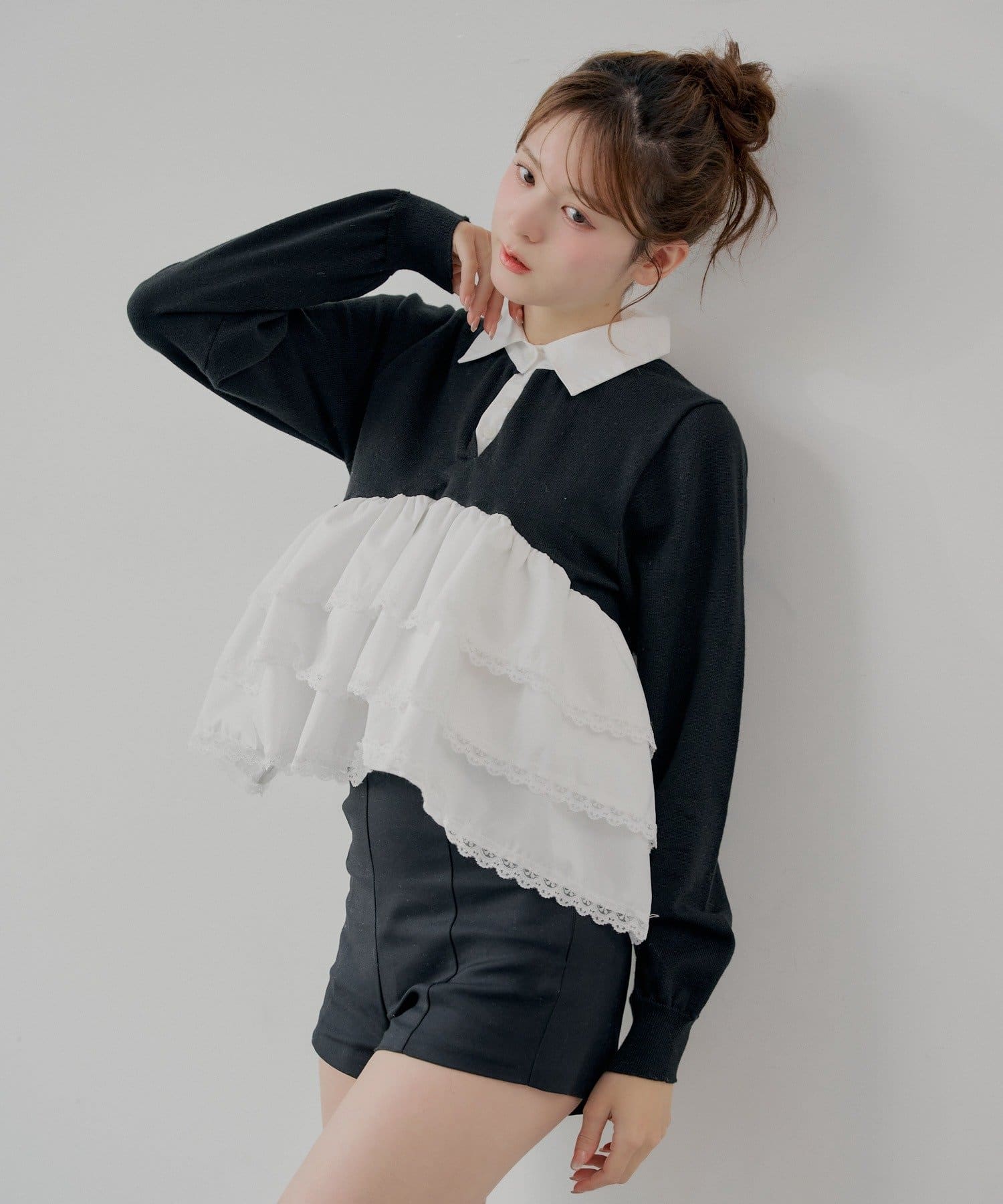 Chico(チコ) 【SALON by Chico】レースティアードペプラム襟付きニット