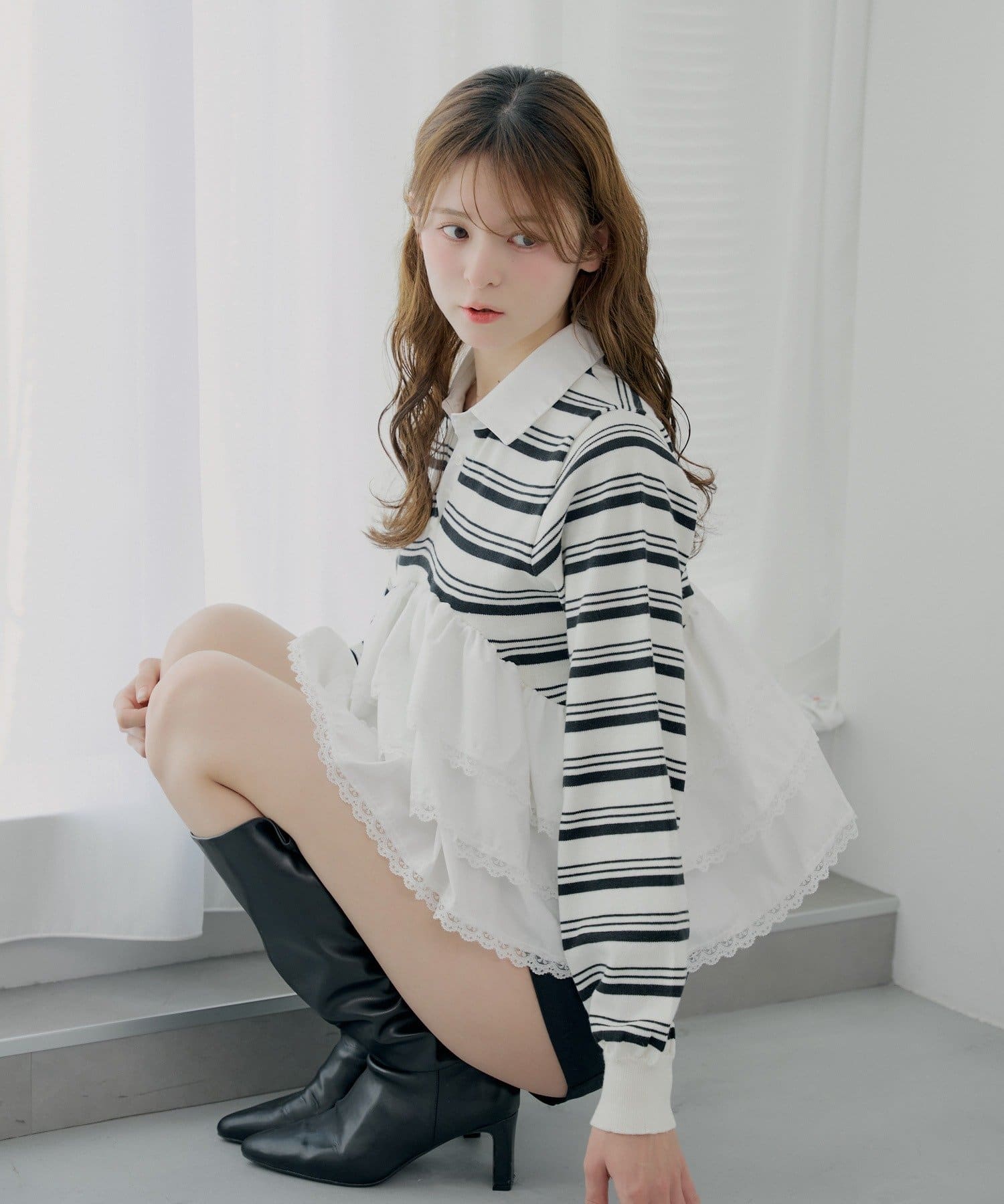 Chico(チコ) 【SALON by Chico】レースティアードペプラム襟付きニット