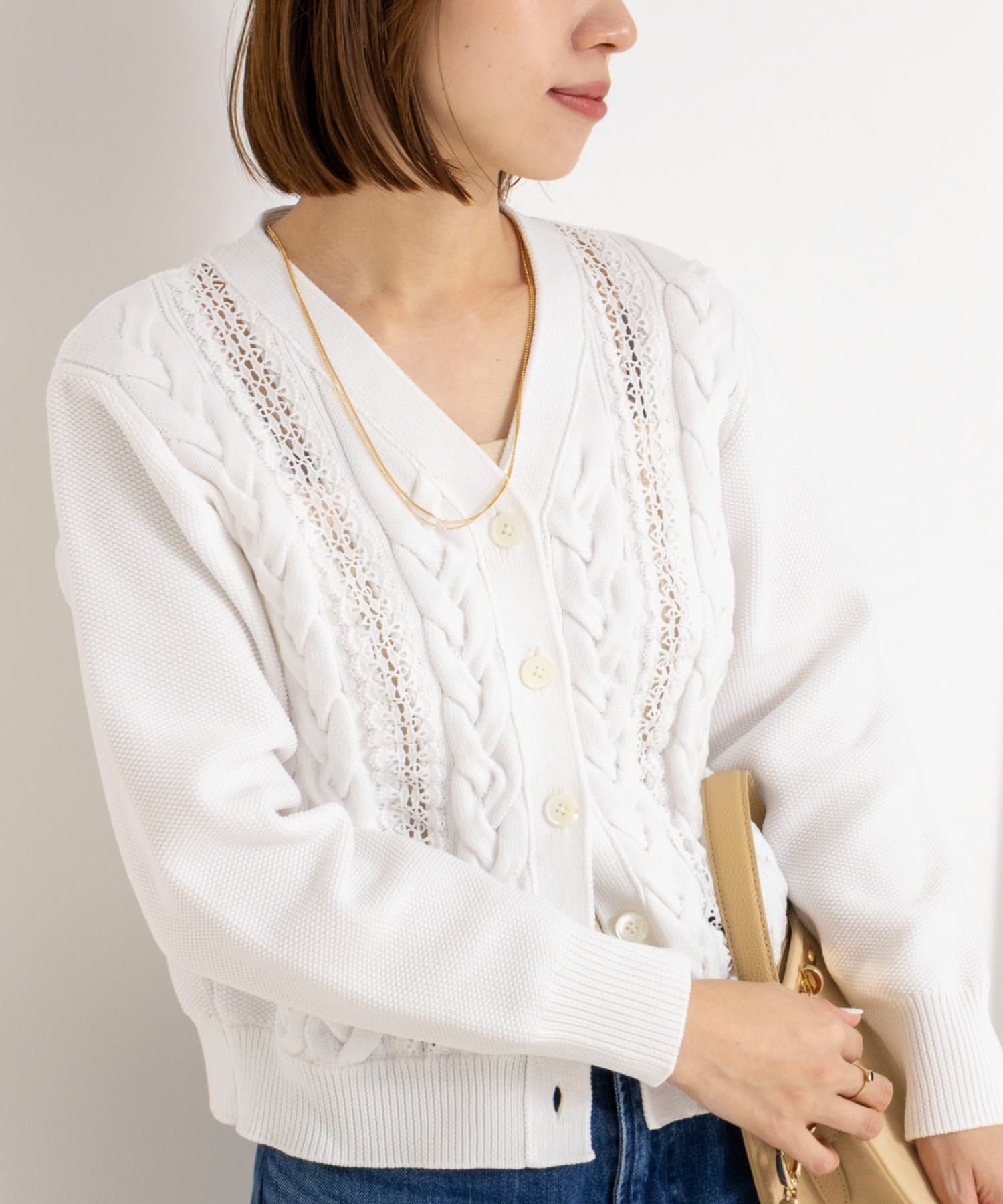 NOLLEY'S(ノーリーズ) 《手洗い可能》ケーブルレースVネックカーディガン