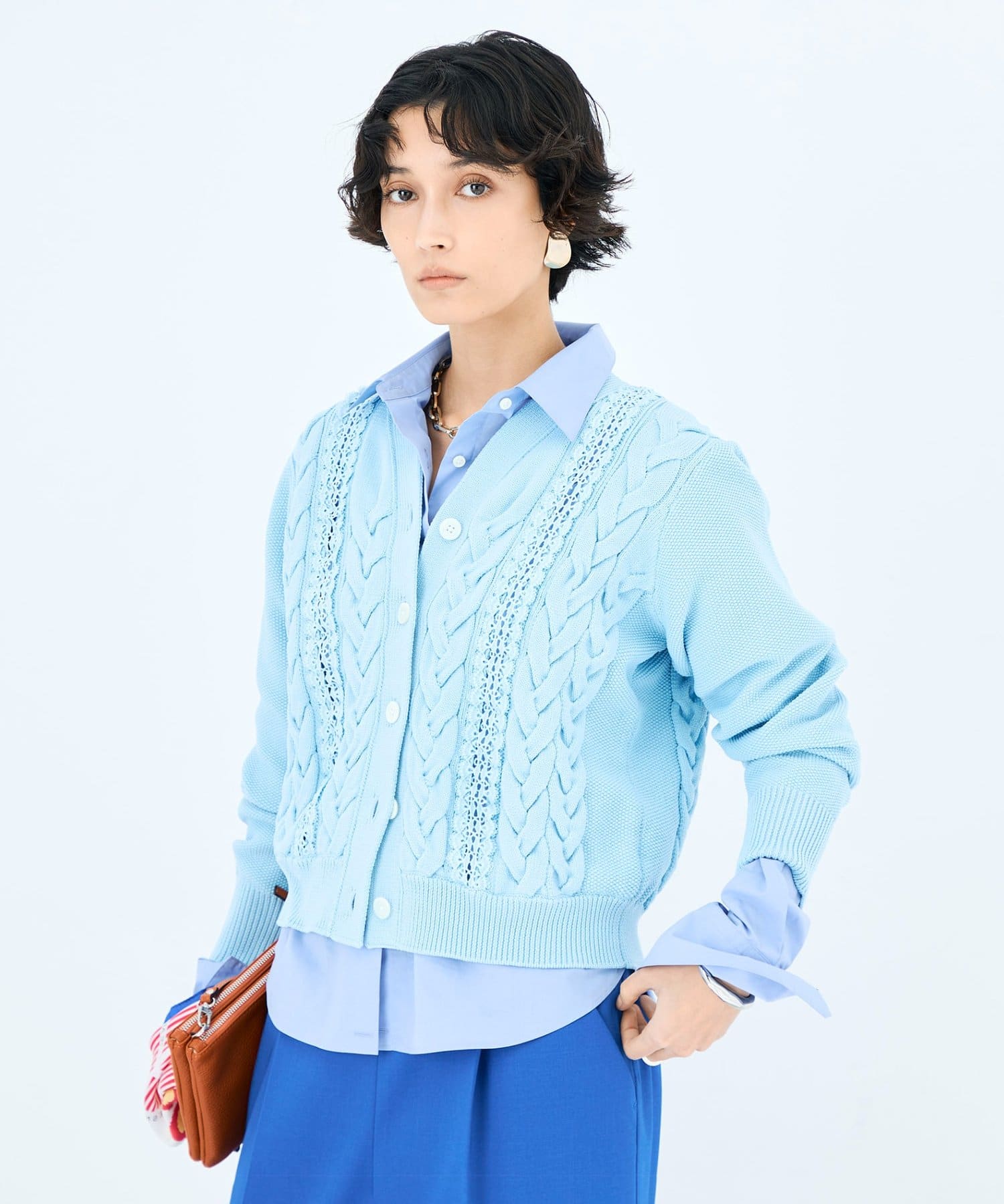 NOLLEY'S(ノーリーズ) 《手洗い可能》ケーブルレースVネックカーディガン