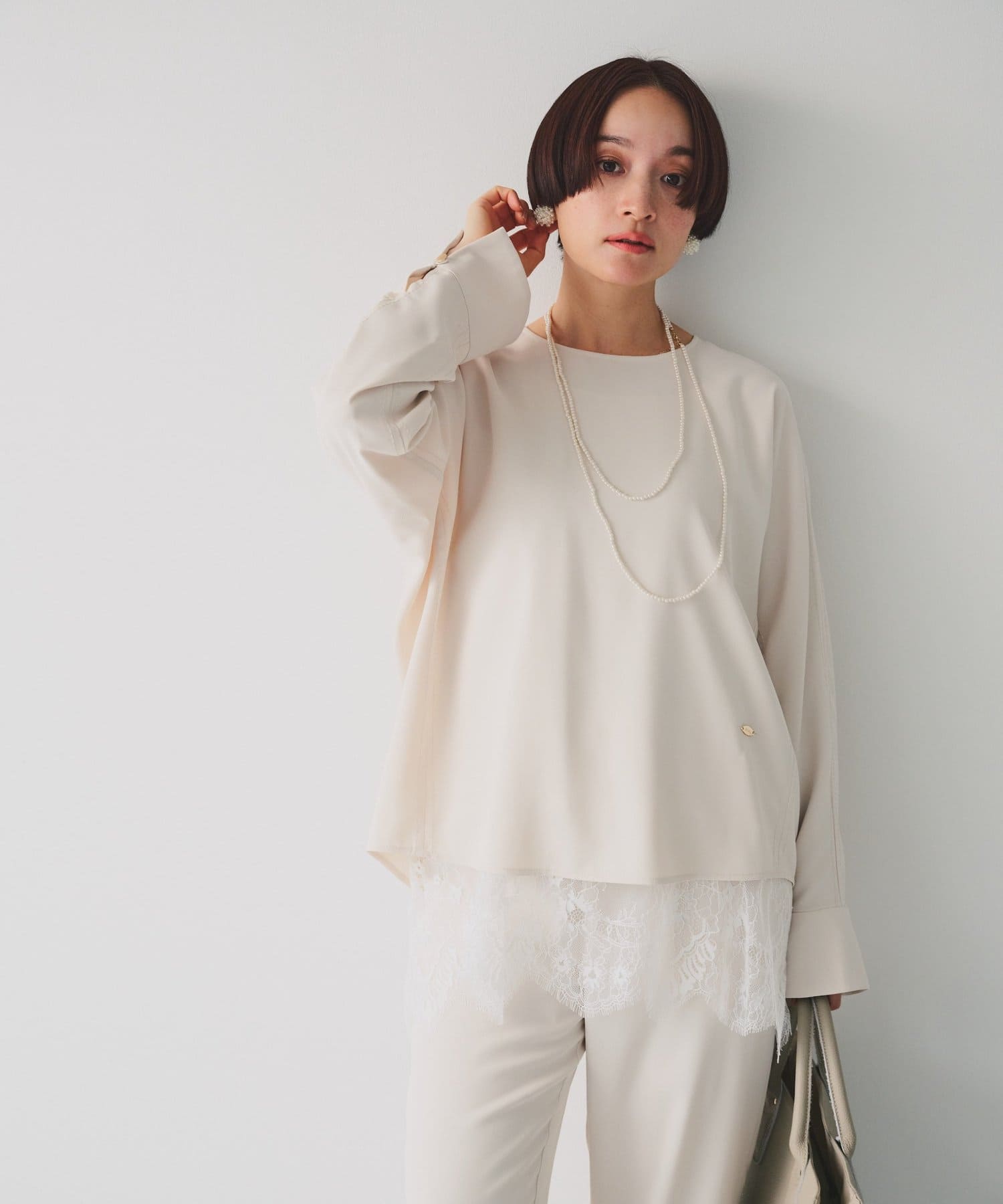 PUAL CE CIN(ピュアルセシン) 【Du noir】ハンド風ステッチストレッチジョーゼットプルオーバー