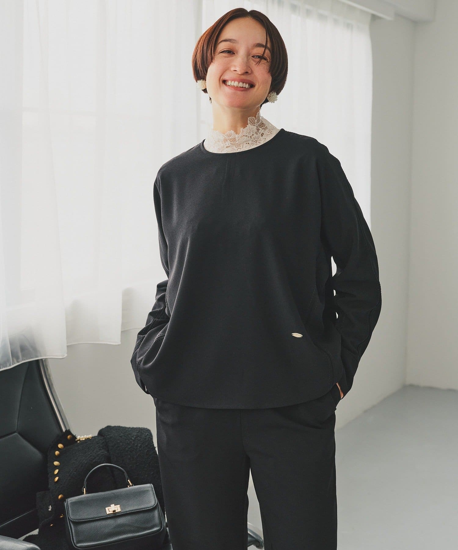 PUAL CE CIN(ピュアルセシン) 【Du noir】ハンド風ステッチストレッチジョーゼットプルオーバー