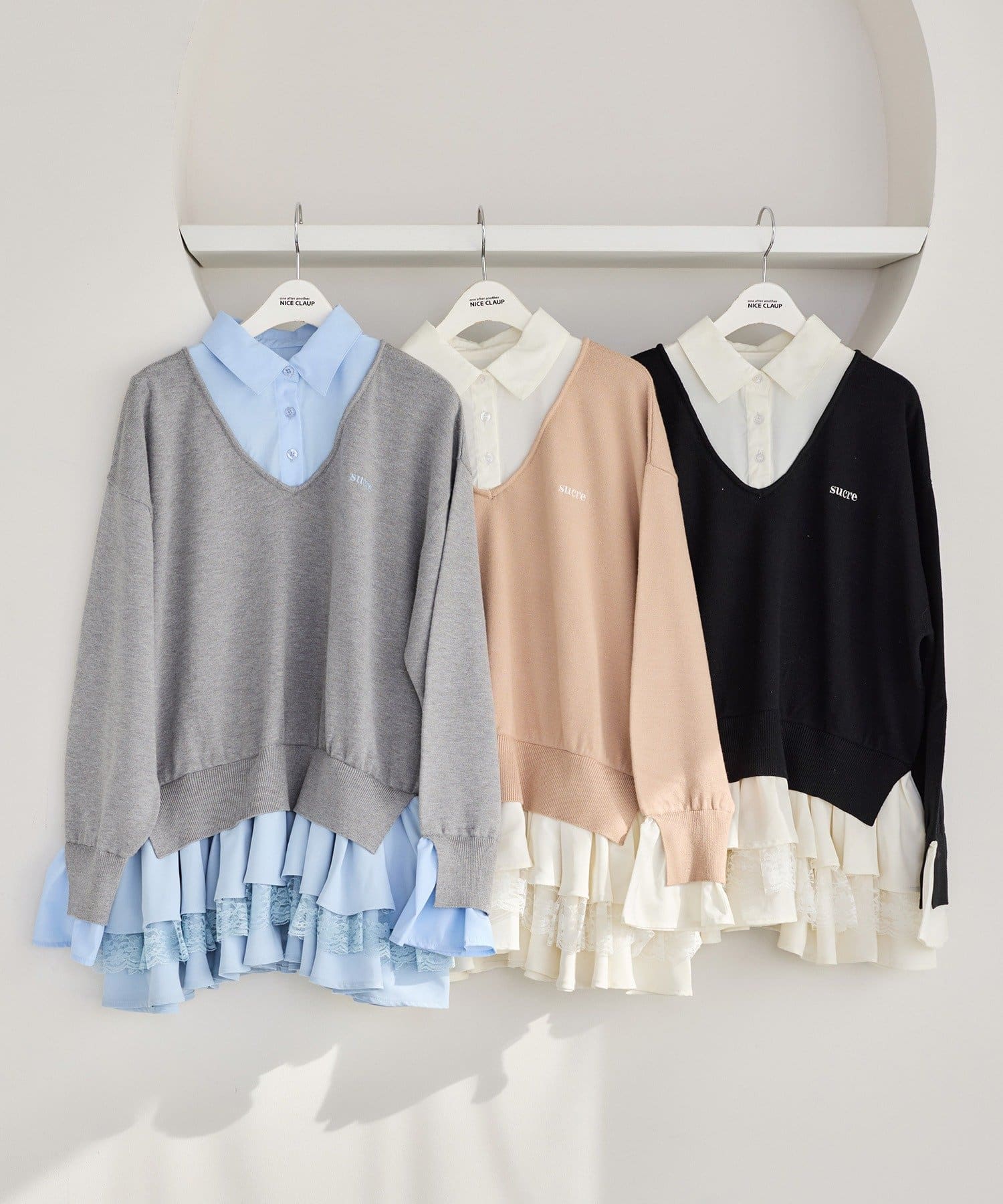 one after another NICE CLAUP(ワンアフターアナザー ナイスクラップ) 【お気に入り総選挙5位】ニットドッキングチュニックシャツワンピ