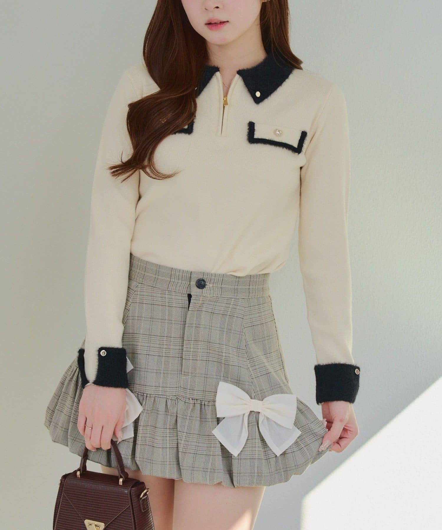 Remind me and forever(リマインドミーアンドフォーエバー) 配色フェザーハーフジップニット