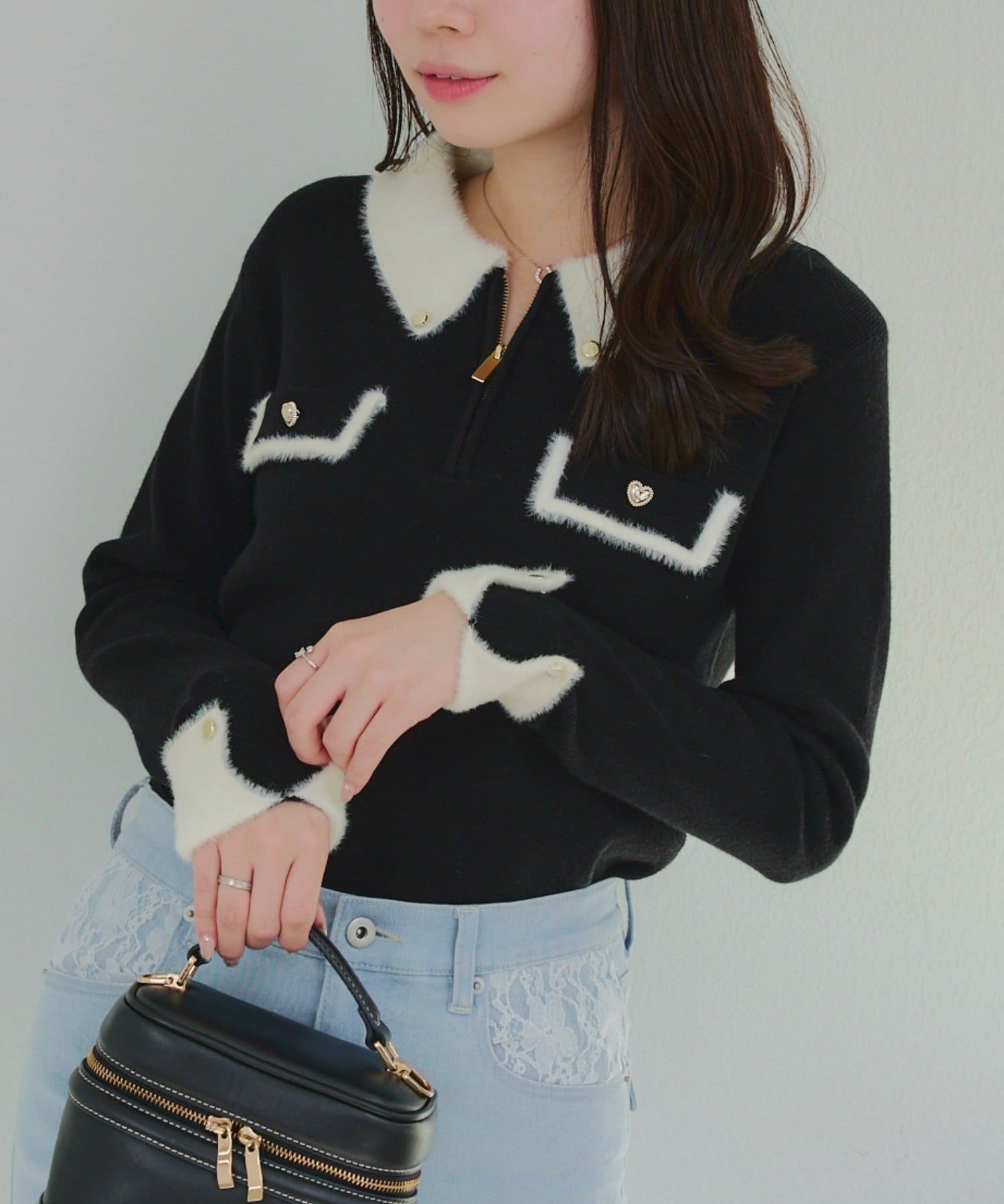 Remind me and forever(リマインドミーアンドフォーエバー) 配色フェザーハーフジップニット