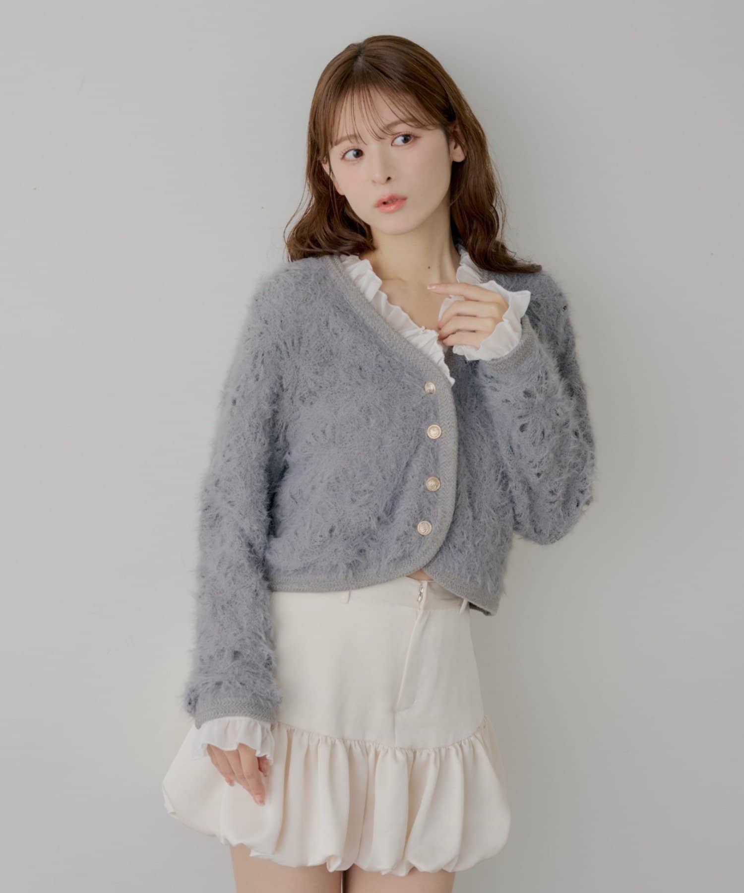 Chico(チコ) 【SALON by Chico】取り外しフリル襟フラワーニットジャケットカーディガン