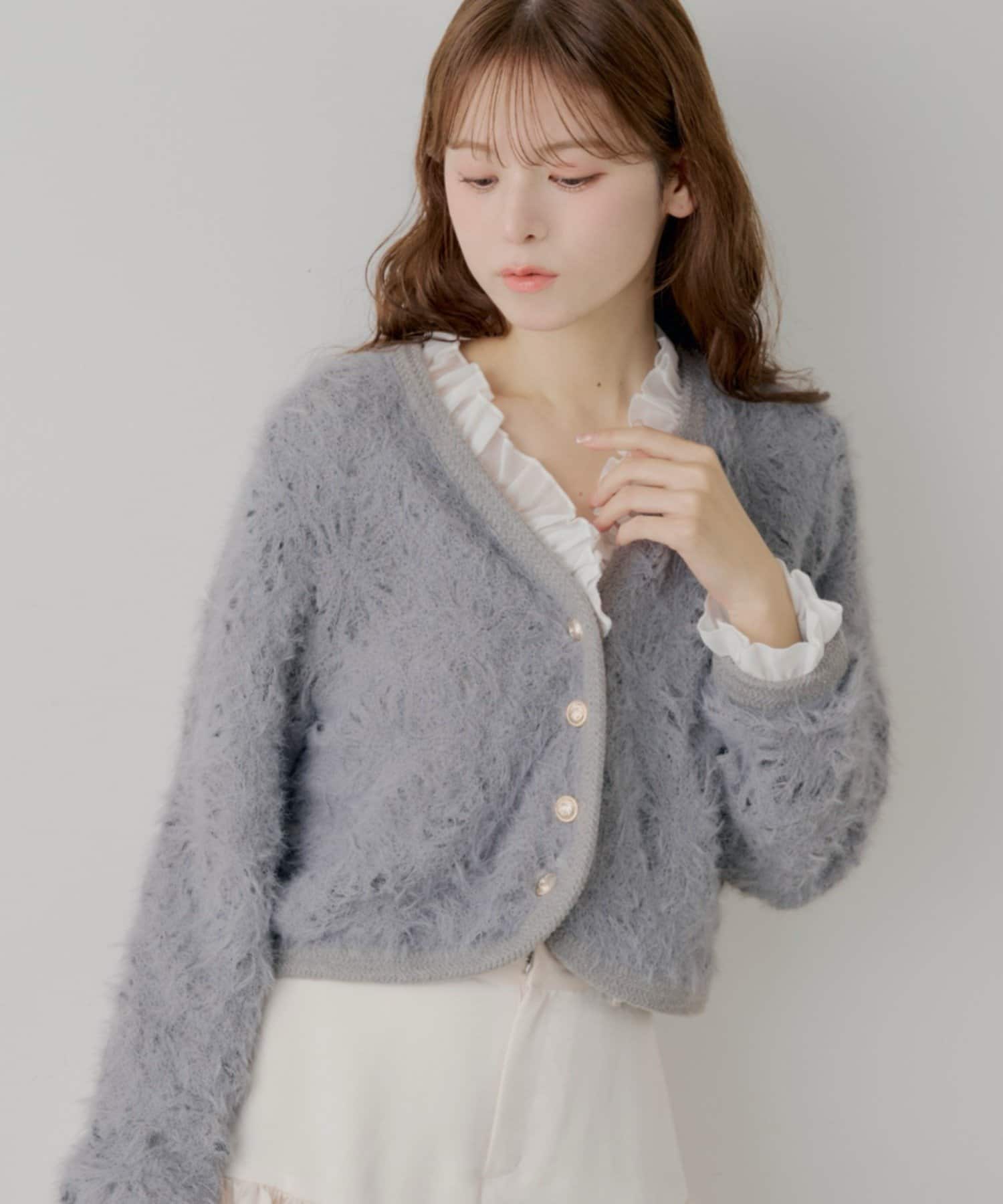 Chico(チコ) 【SALON by Chico】取り外しフリル襟フラワーニットジャケットカーディガン