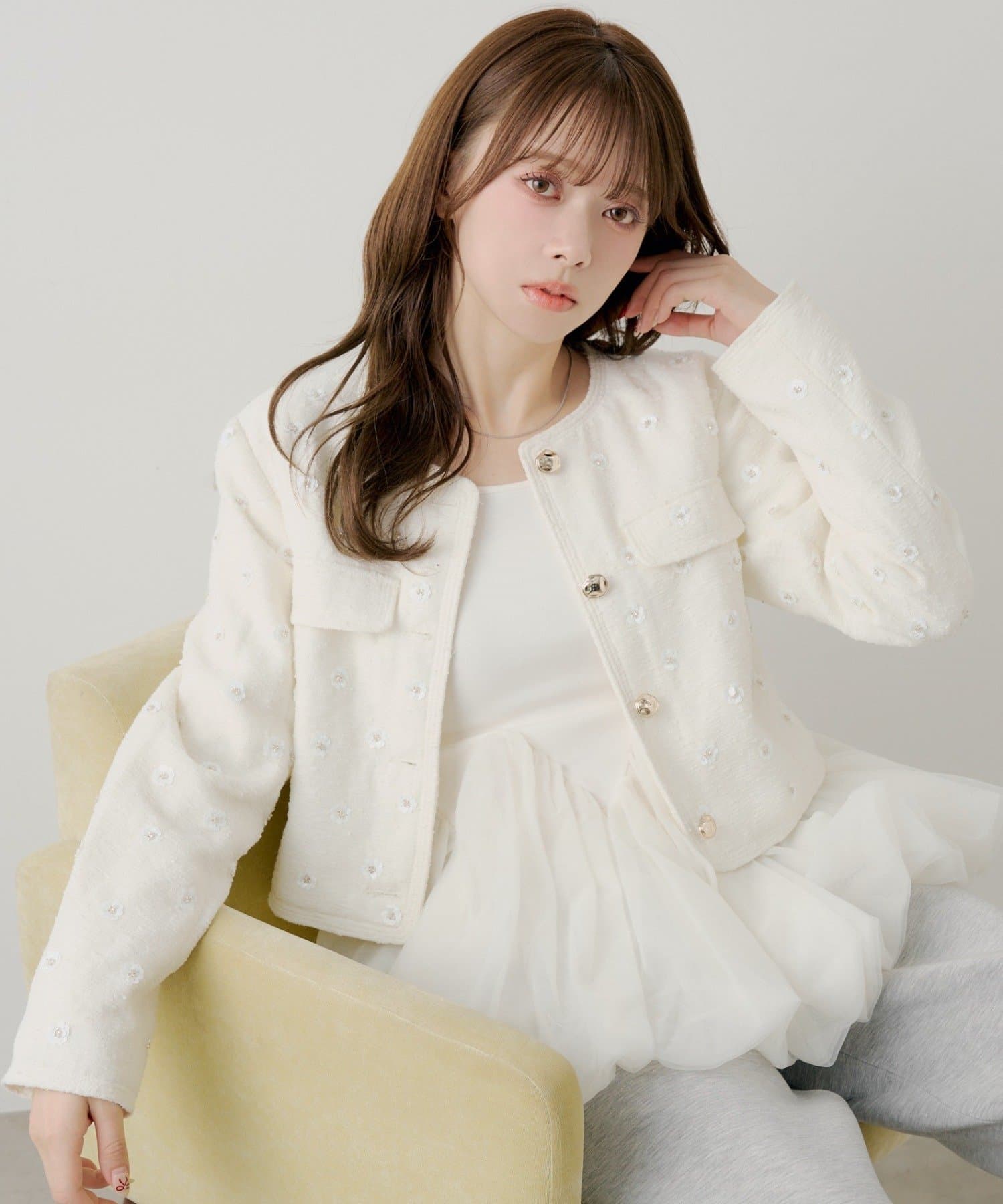 Chico(チコ) 【SALON by Chico】フラワービジューツイードクルージャケット